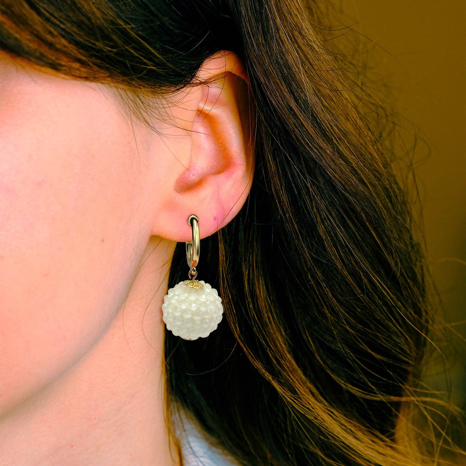 Faceted White Stone Ball Earrings With Clear Resin Coating