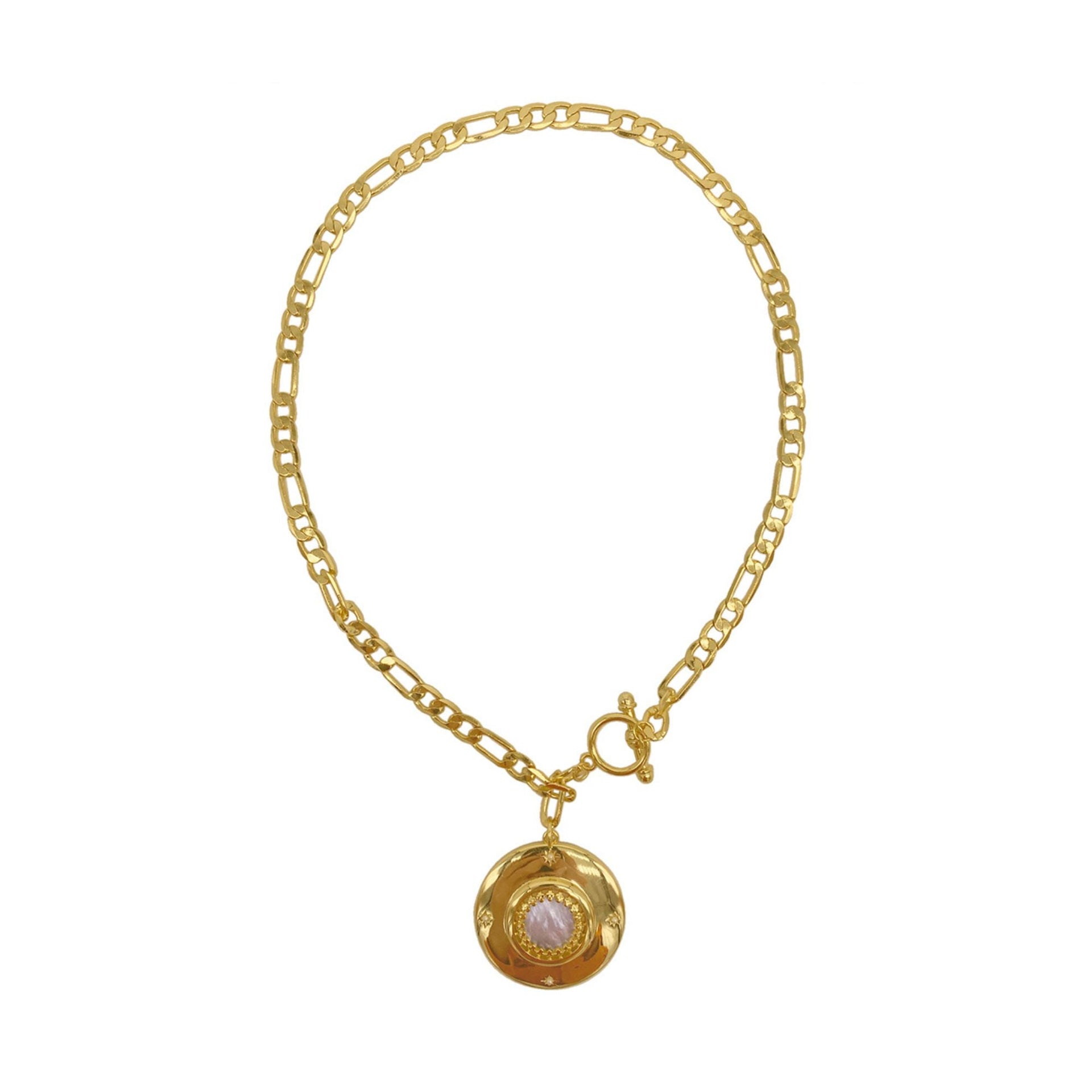 14k Gold Plated Mother Of Pearl Disc Toggle Necklace