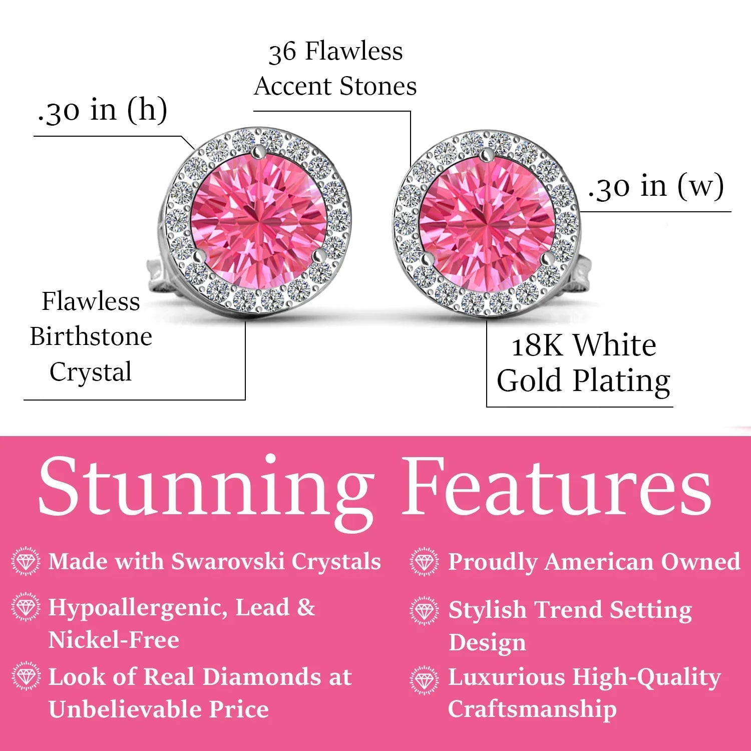 Royal 18k White Gold Plated October Birthstone Halo Earrings with Round Cut Pink Tourmaline Swarovski Crystals