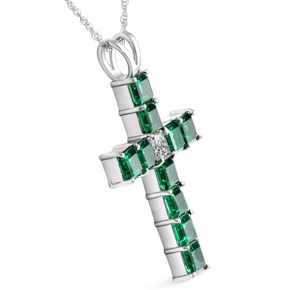 6ct TW Princess Cut Diamond & Emerald Cross Pendant Necklace Gold Lab Grown