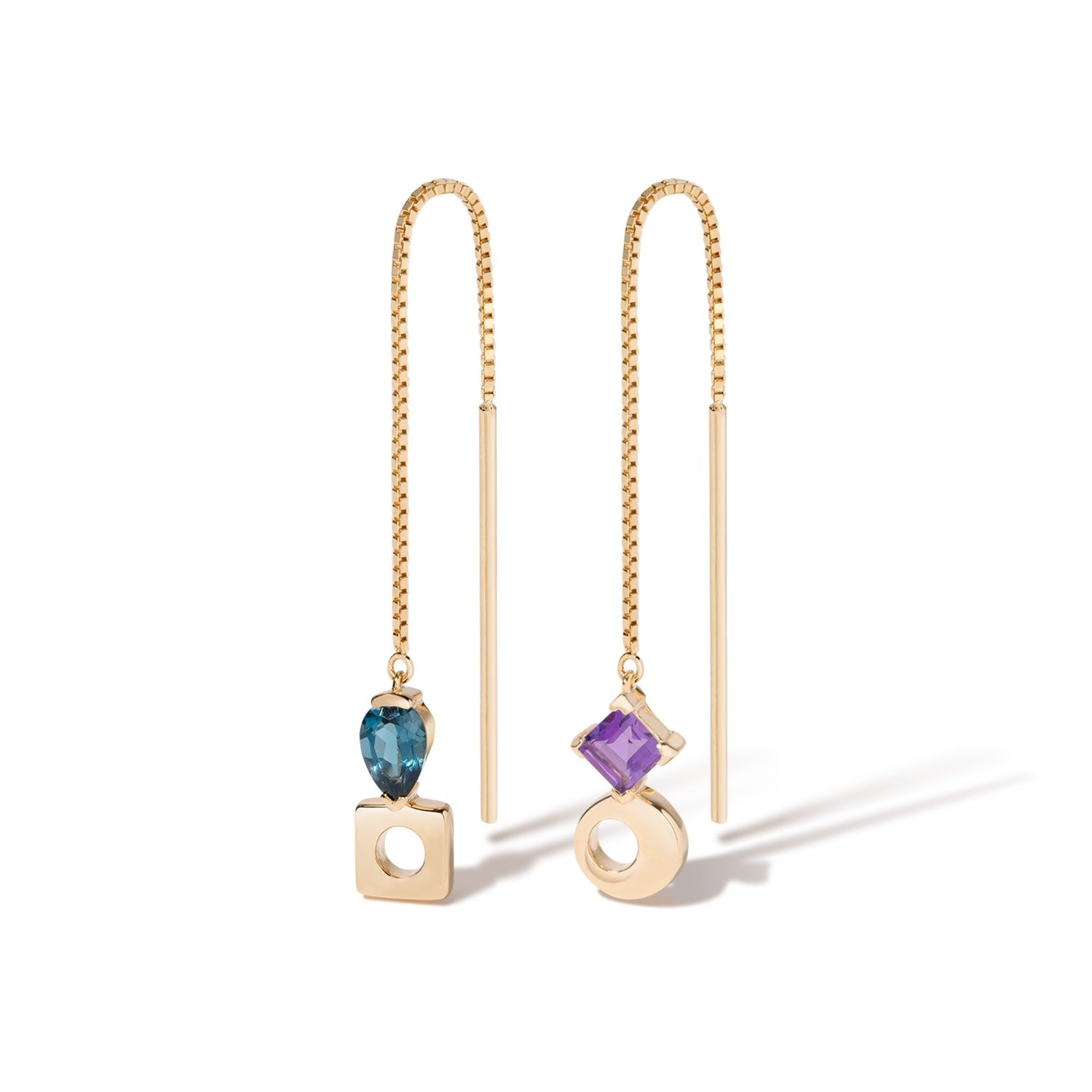 Falling & Laughing Threader Earrings - 18K Gold Vermeil Threader Earrings With London Blue Topaz & Amethyst Gemstones