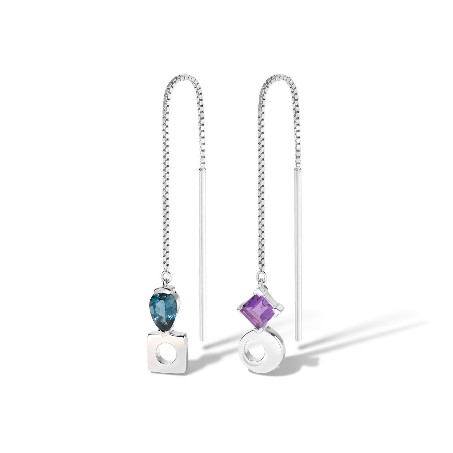 Falling & Laughing Threader Earrings - Sterling Silver Threader Earrings With London Blue Topaz & Amethyst Gemstones