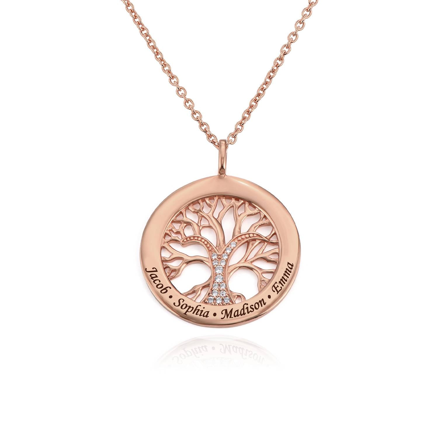 Family Tree Circle Necklace with Cubic Zirconia in Rose Gold Plating
