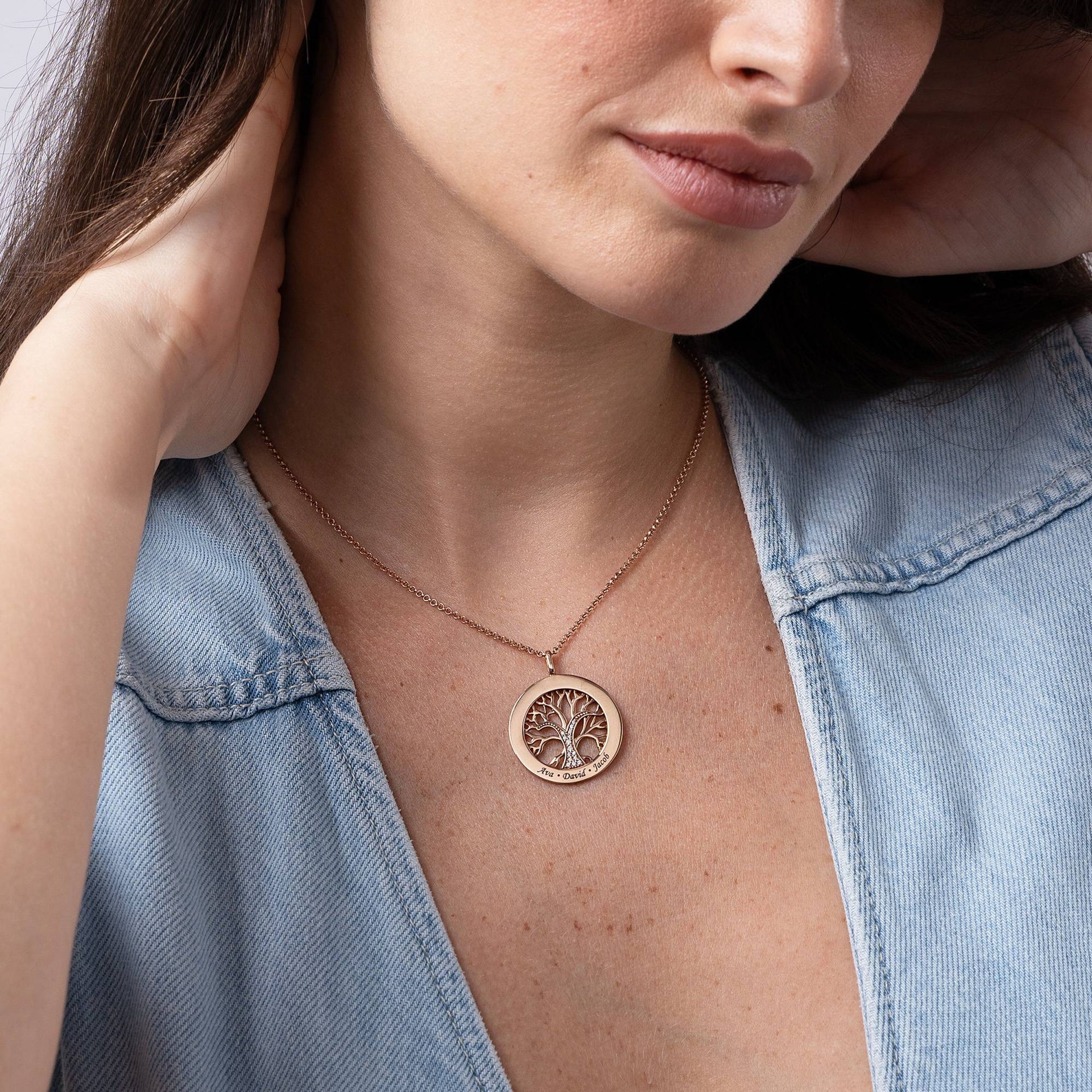 Family Tree Circle Necklace with Cubic Zirconia in Rose Vermeil