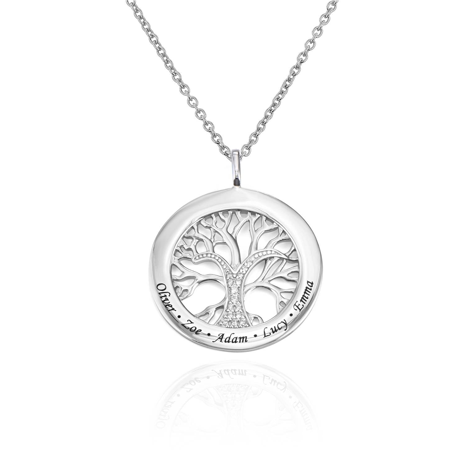 Family Tree Circle Necklace with Cubic Zirconia in Sterling Silver
