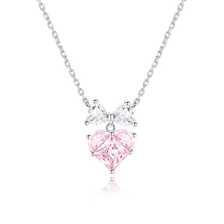 Bow For Princess Pink Heart Sterling Silver Necklace By Fanci Me