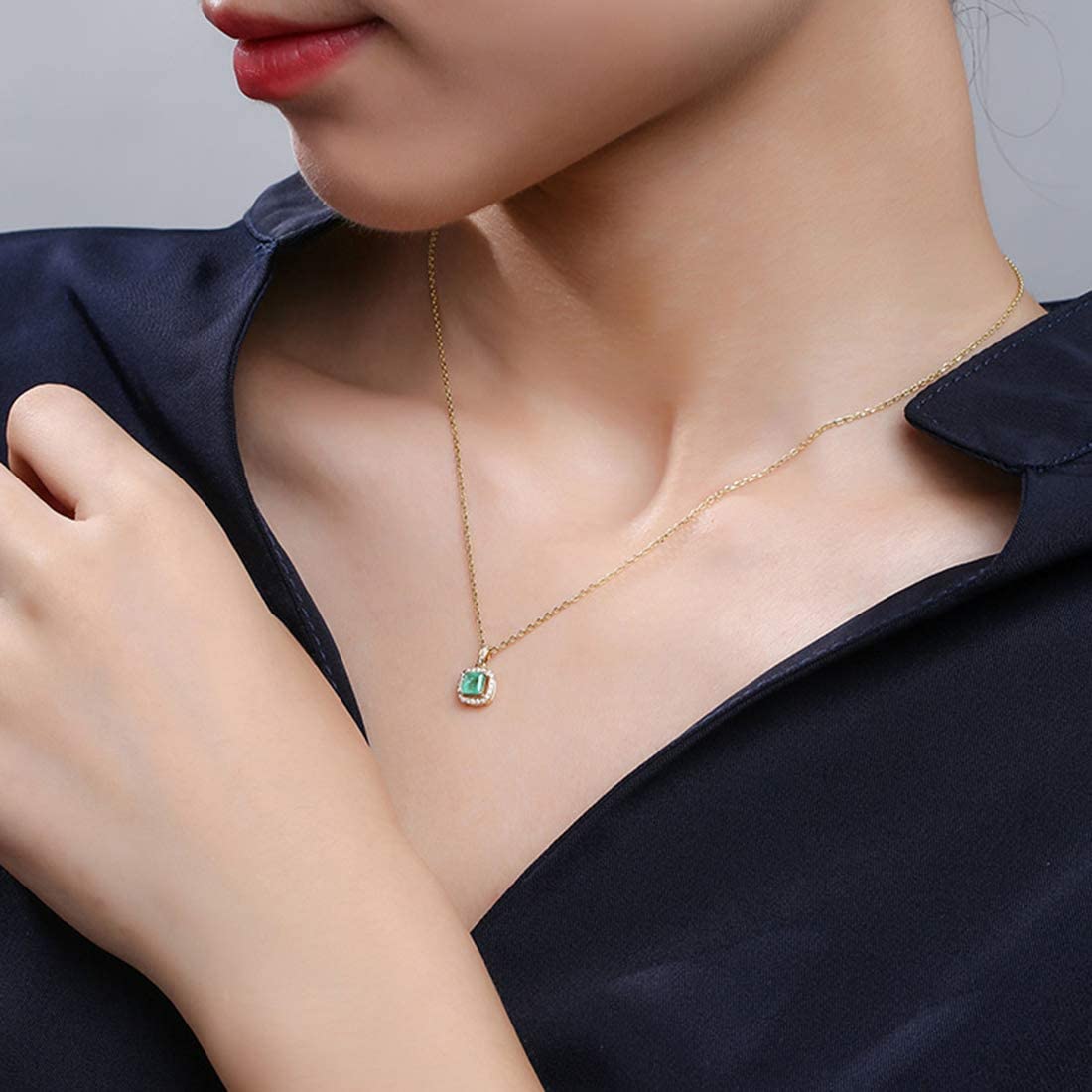 "Liza" Vivid Natural Green Emerald Solid Real Yellow Gold Necklace - Gold