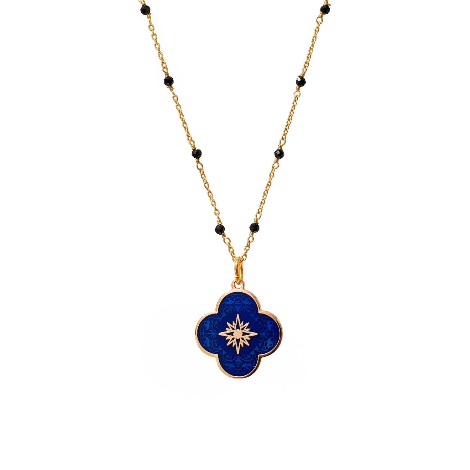 Fancy Black Onyx Rosary With Petal Star Cross Enamel Medal Royal Blue
