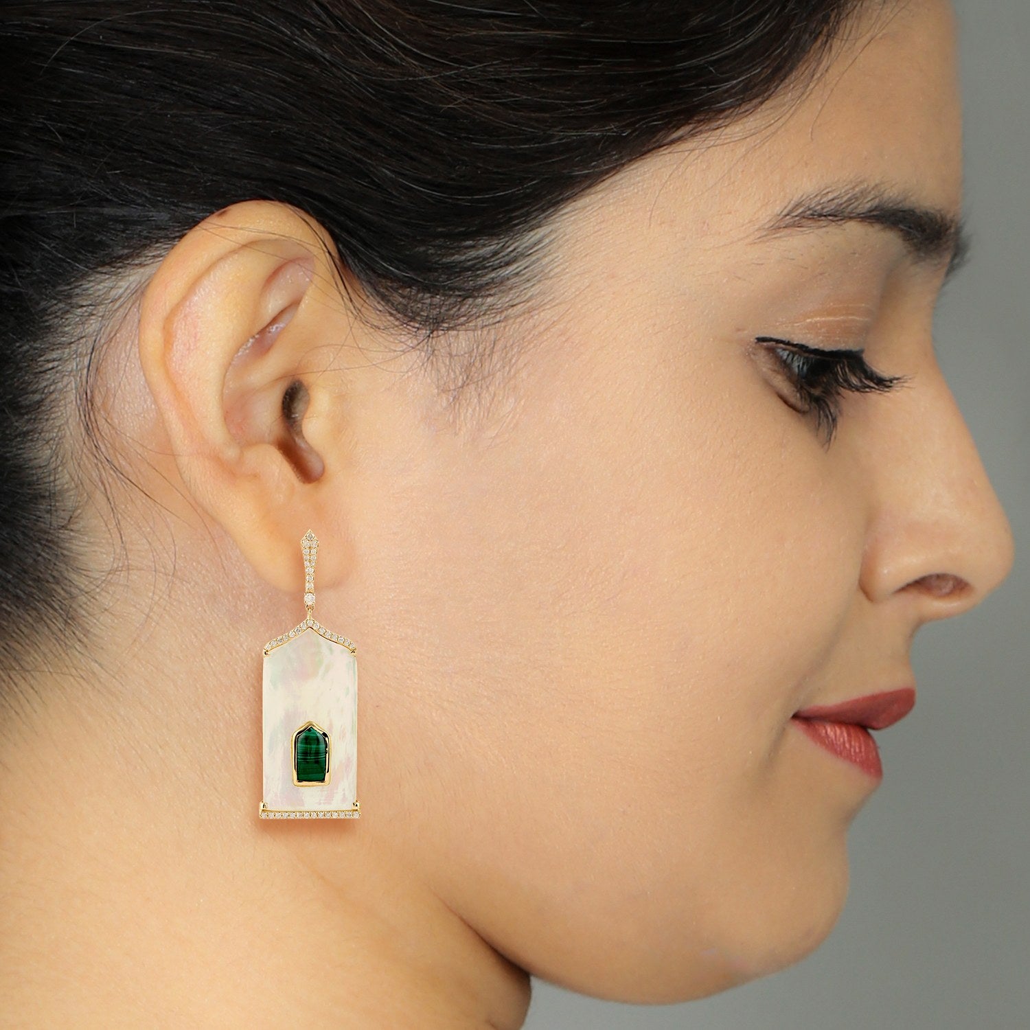 Mop & Malachite Gemstone Pave Diamond In Gold Dangle Earrings