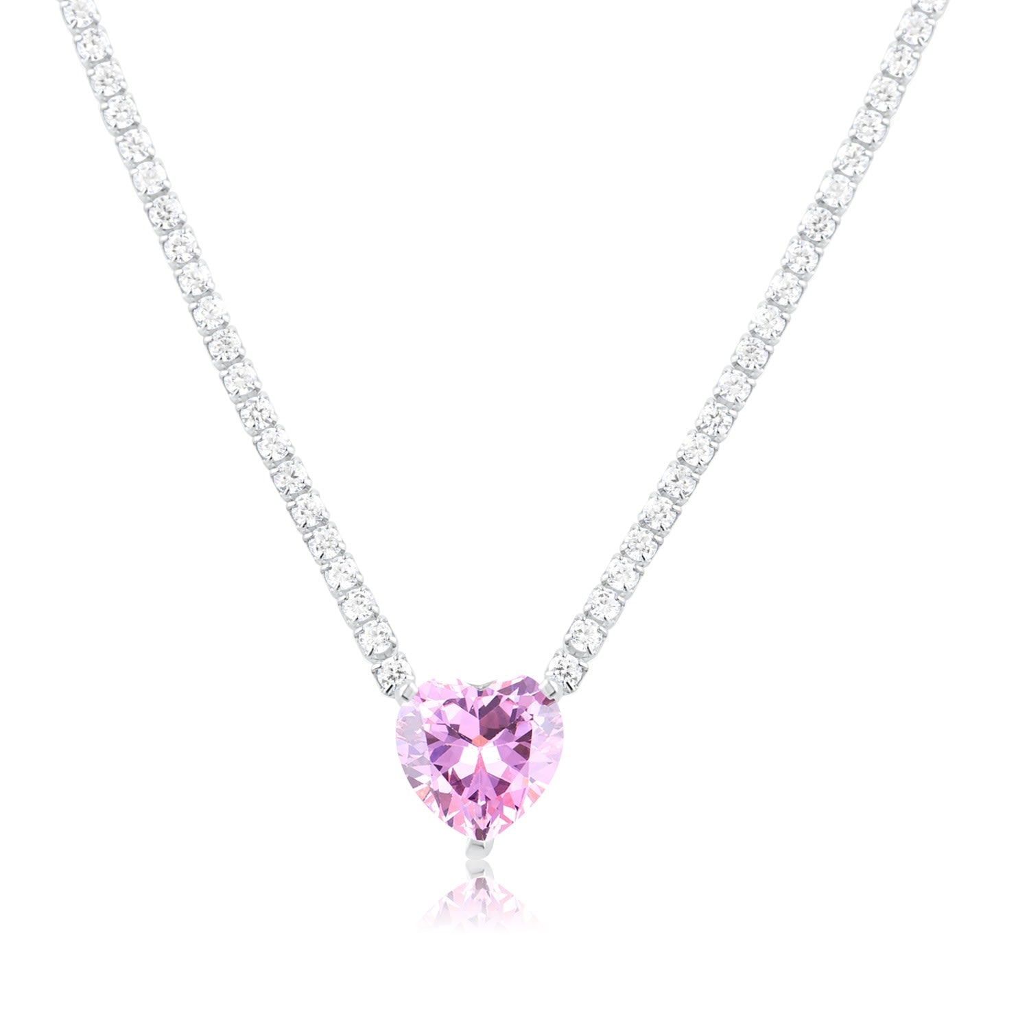Fancy Heart Silver Heart Tennis Necklace - Pastel Pink