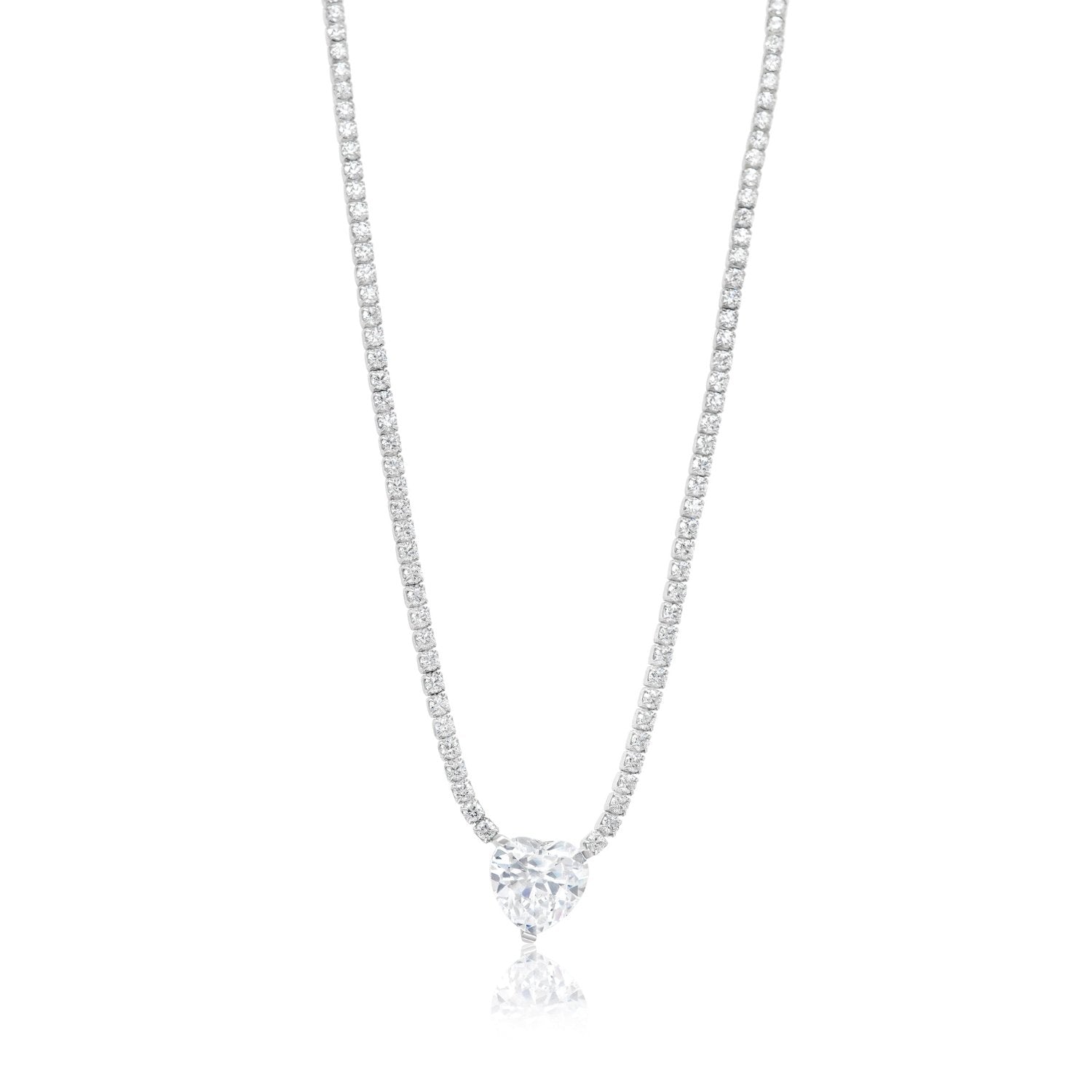 Fancy Heart Silver Heart Tennis Necklace - White Stone