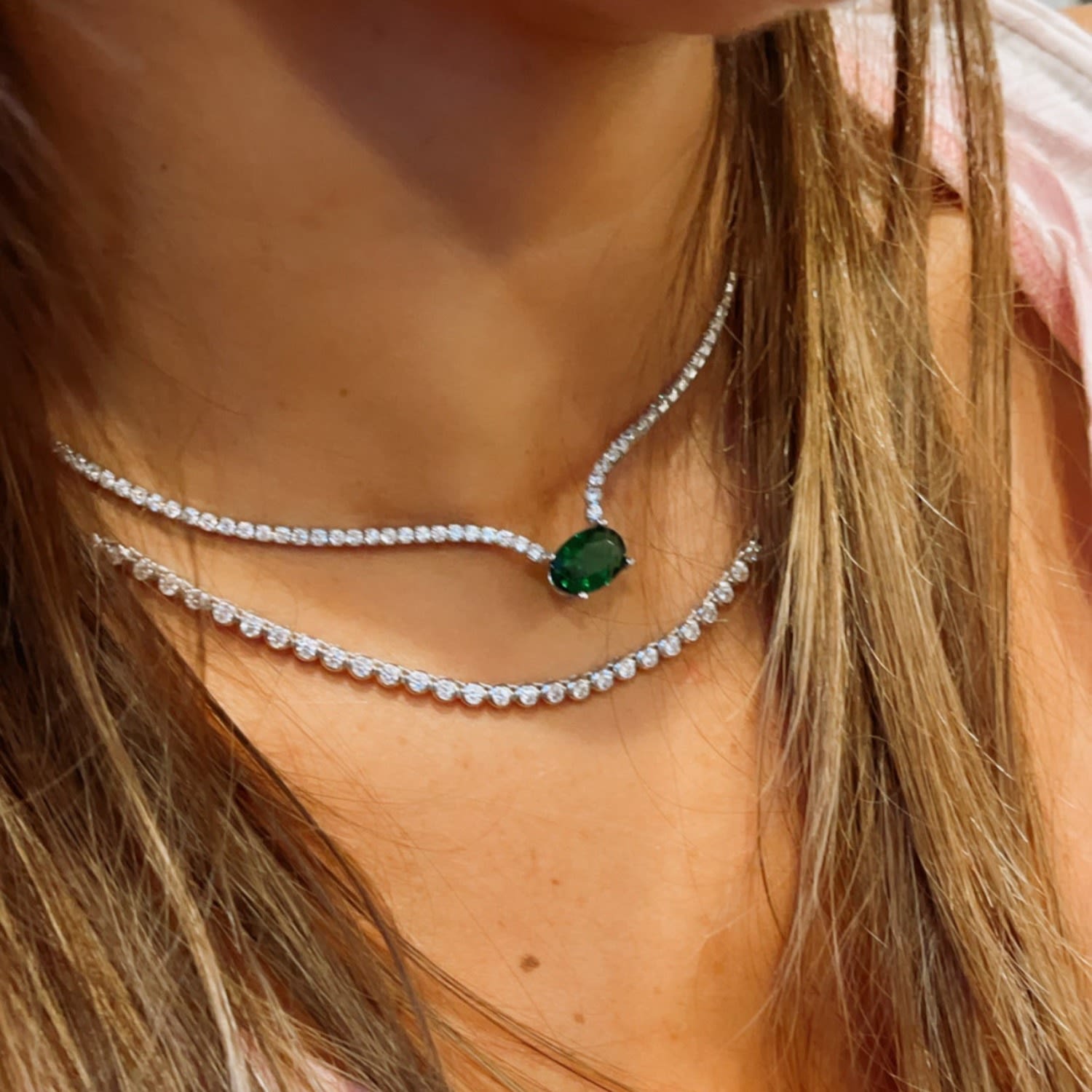 Fancy Oval Tennis Necklace - Green