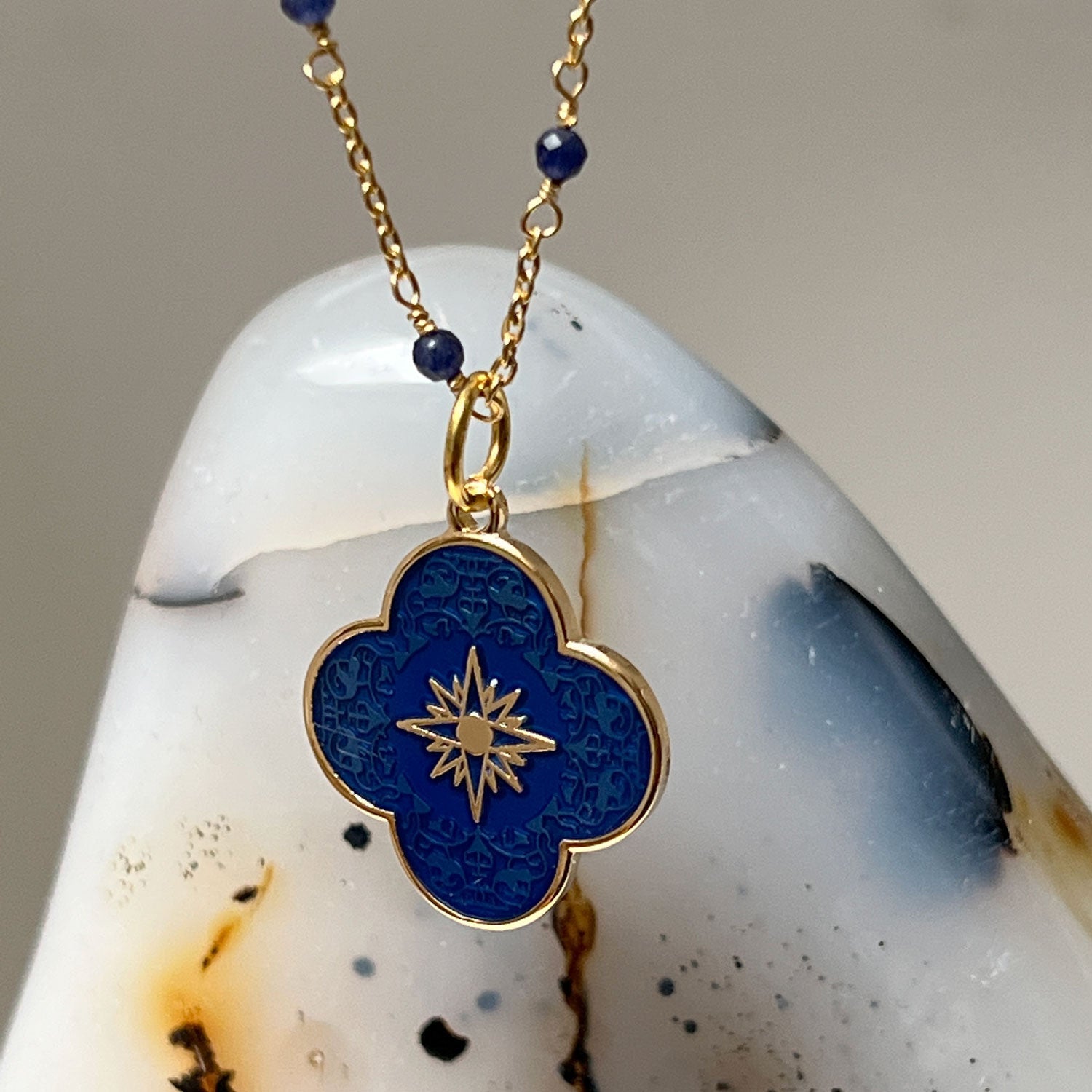 Fancy Black Onyx Rosary With Petal Star Cross Enamel Medal Royal Blue