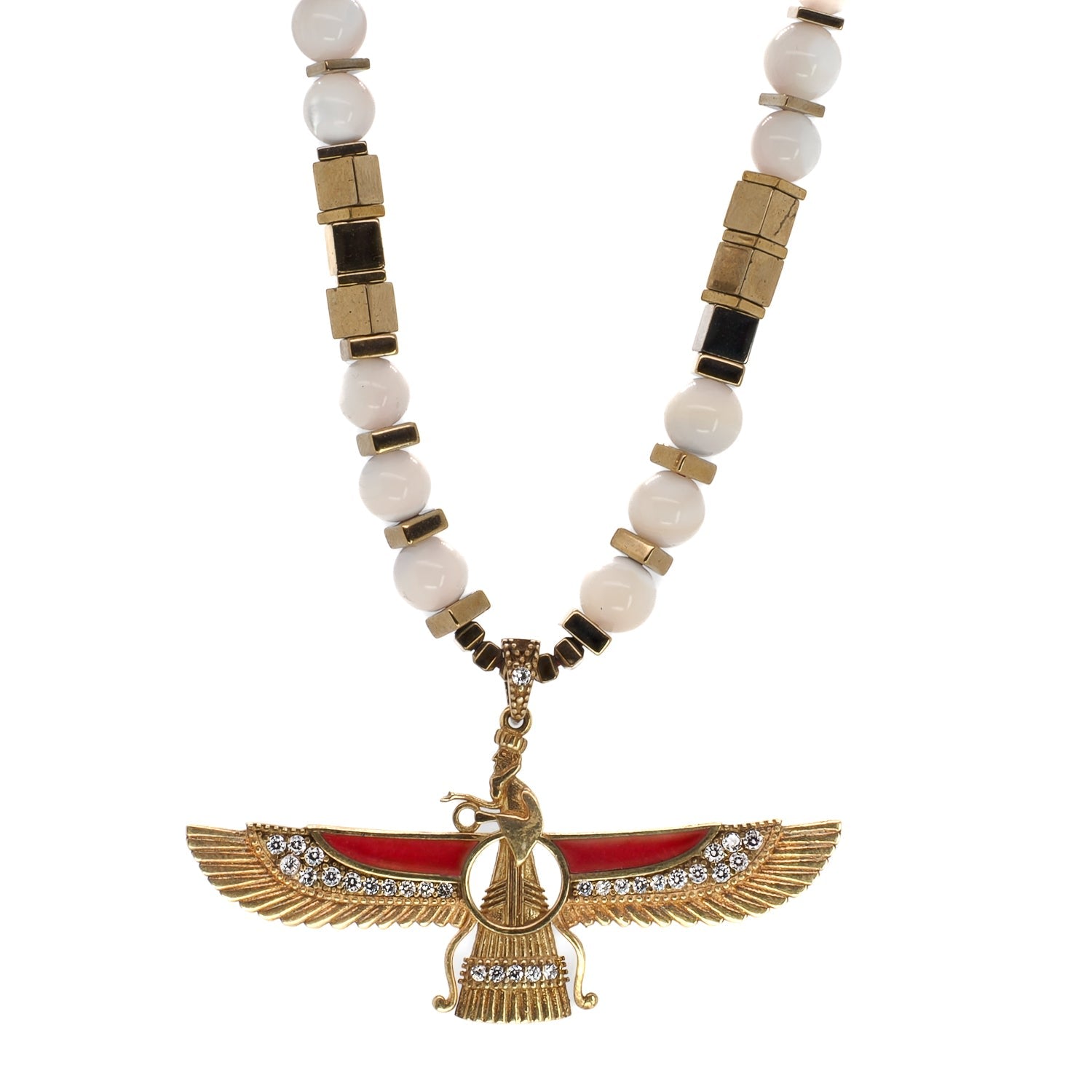 Spiritual Guidance Faravahar Pendant White Beaded Necklace - White