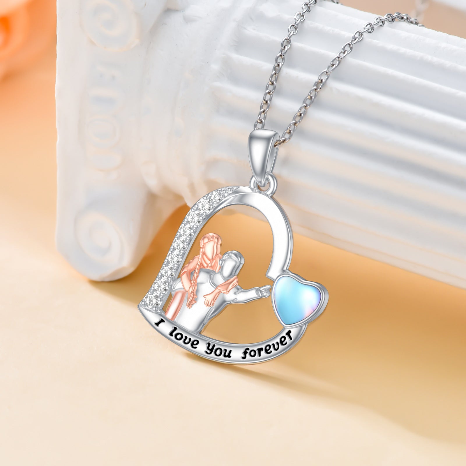 Sterling Silver Two-tone Moonstone Father & Daughter & Heart Pendant Necklace with Engraved Word