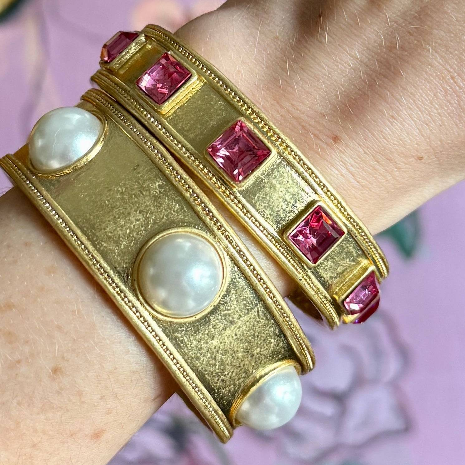 Faux Pearl Wide Gold Bangle