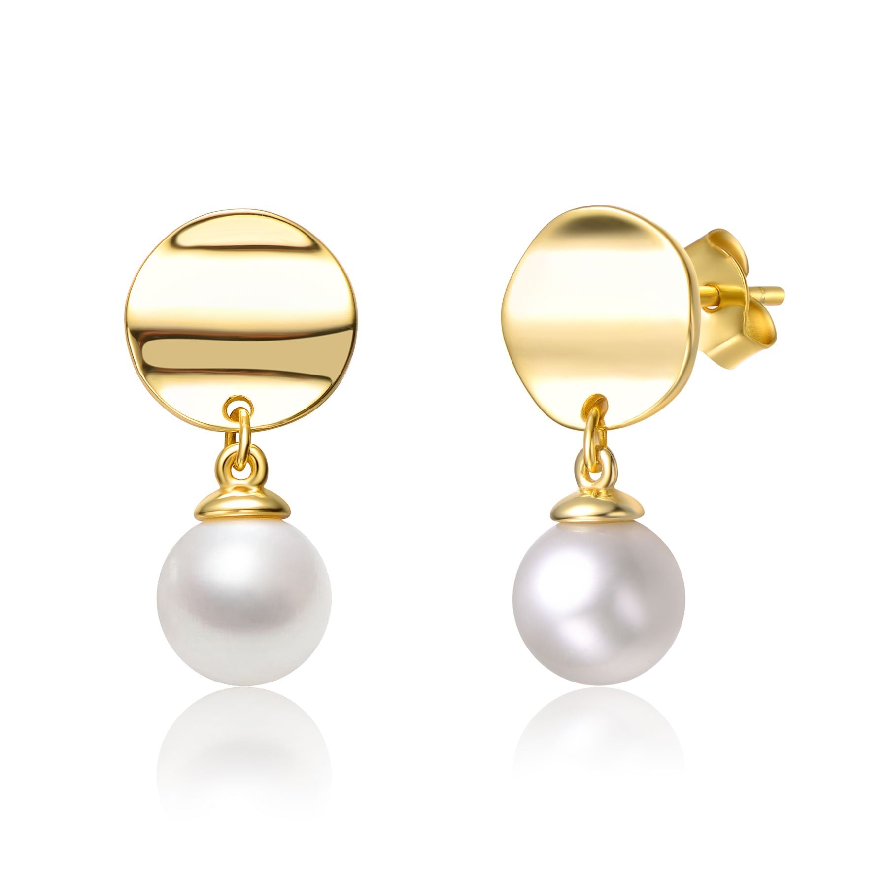 Sterling Silver 14k Yellow Gold Plated with White Pearl Concentric Halo Dangle Drop Earrings