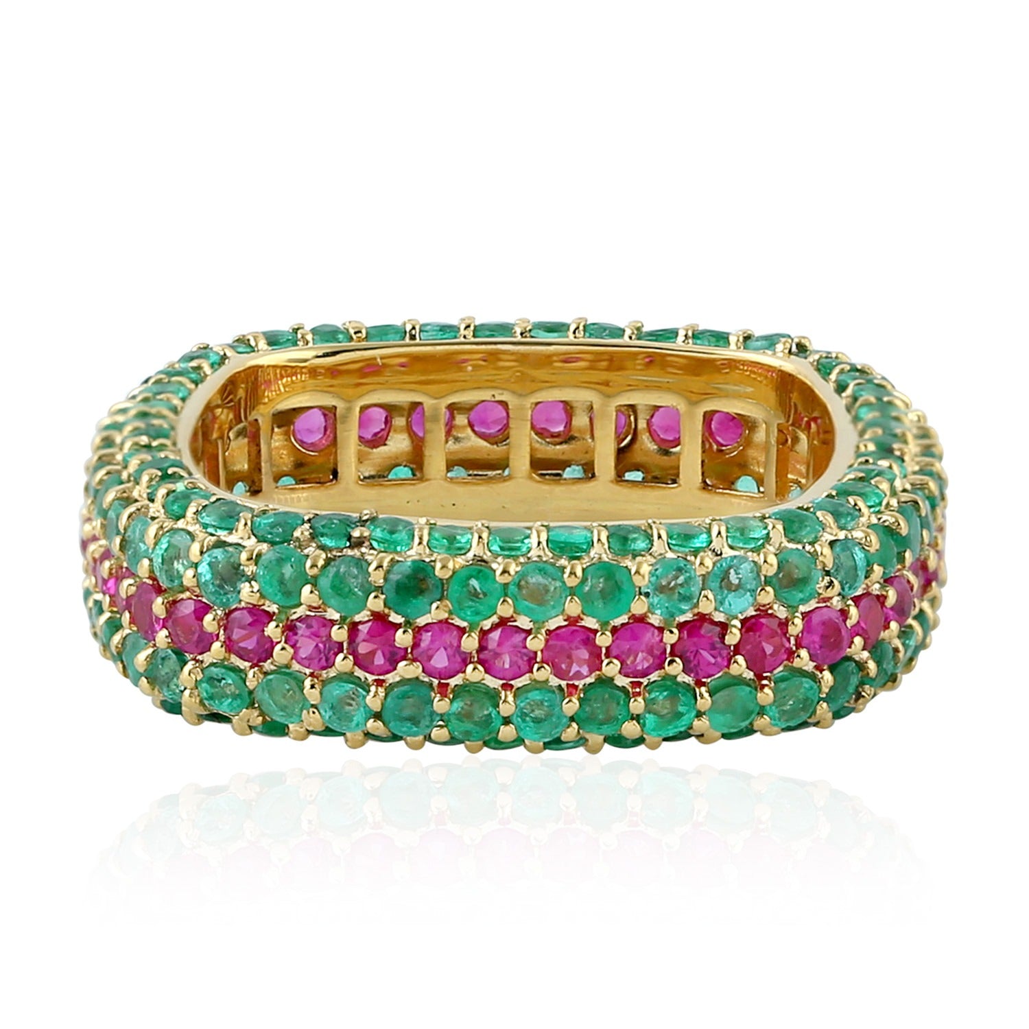 Solid Yellow Gold Natural Emerald Ruby Band Ring Handmade Jewelry