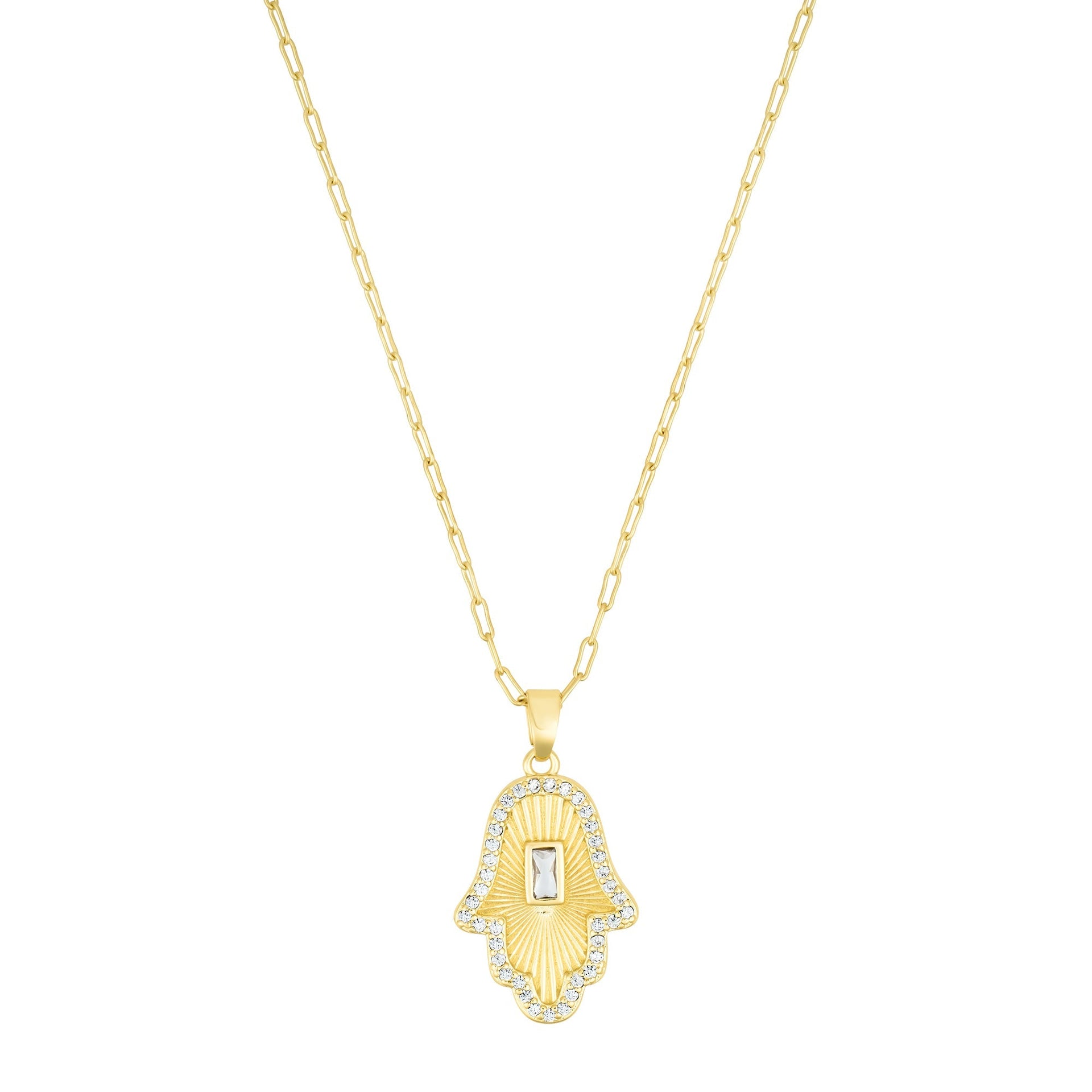 14k Gold Plated Baguette Stone Hamsa Necklace