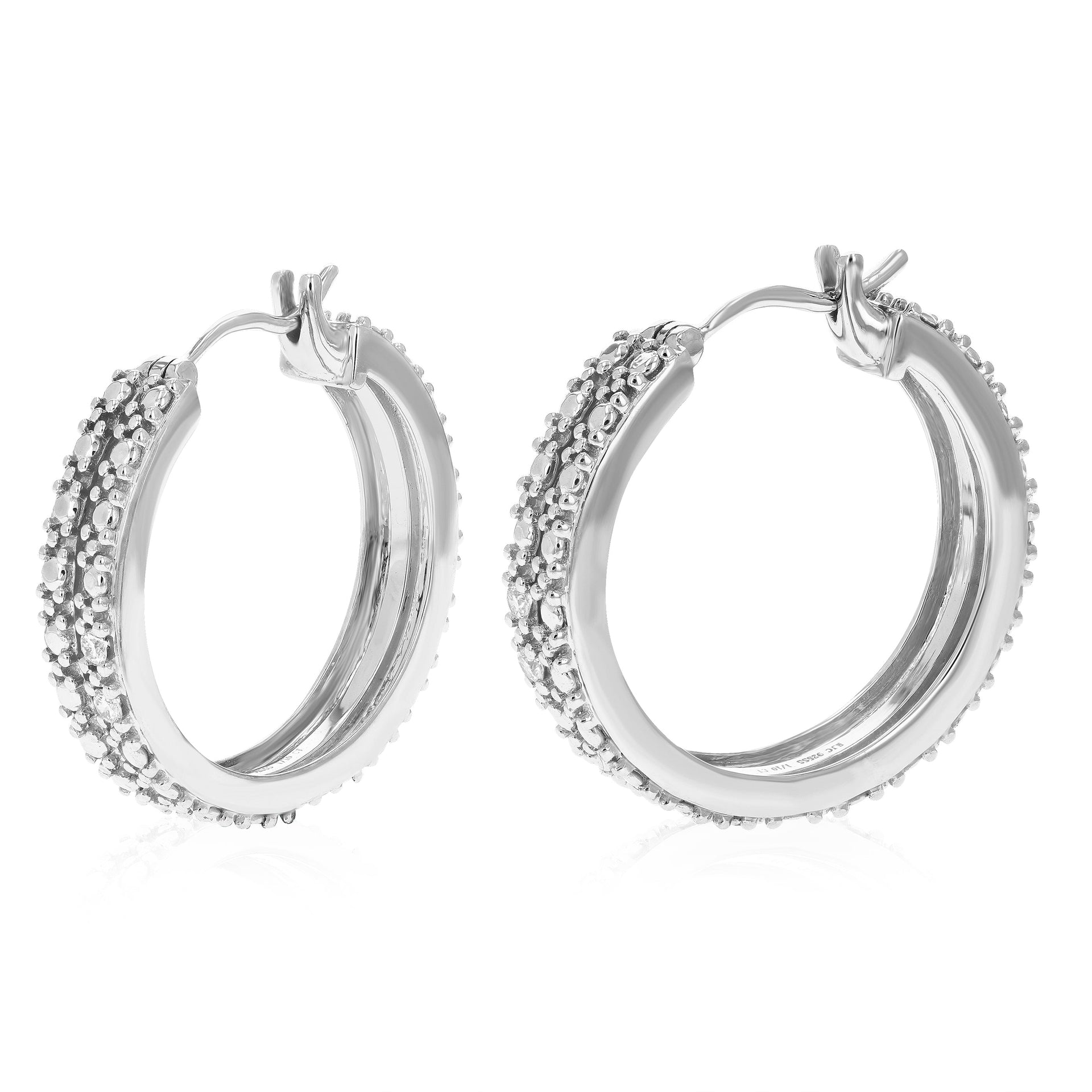 1/10 cttw 4 Stones Round Lab Grown Diamond Hoop Earrings .925 Sterling Silver Prong Set 1 Inch