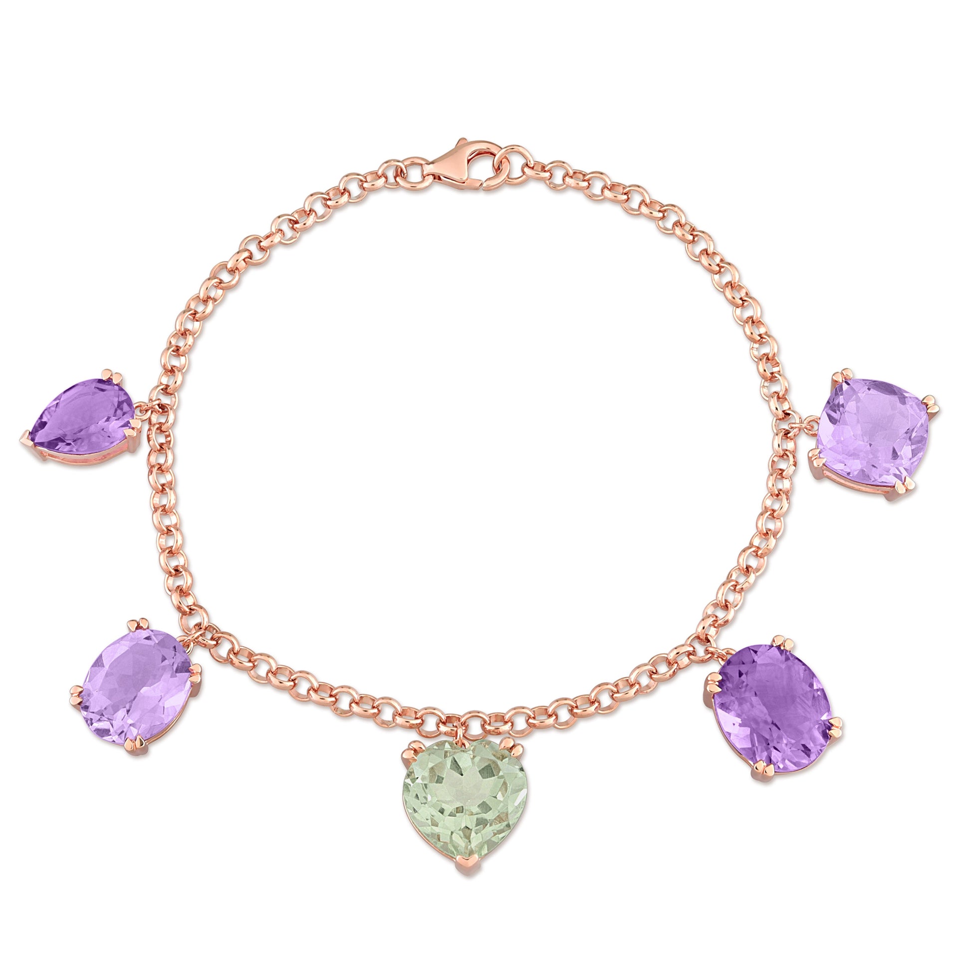 Mimi & Max Womens 17 1/4ct TGW Oval and Cushion-Cut Pink Amethyst & Oval and Pear Cut Amethyst & Heart Cut Green Quartz Five Stone Bracelet in Rose Plated Sterling Silver