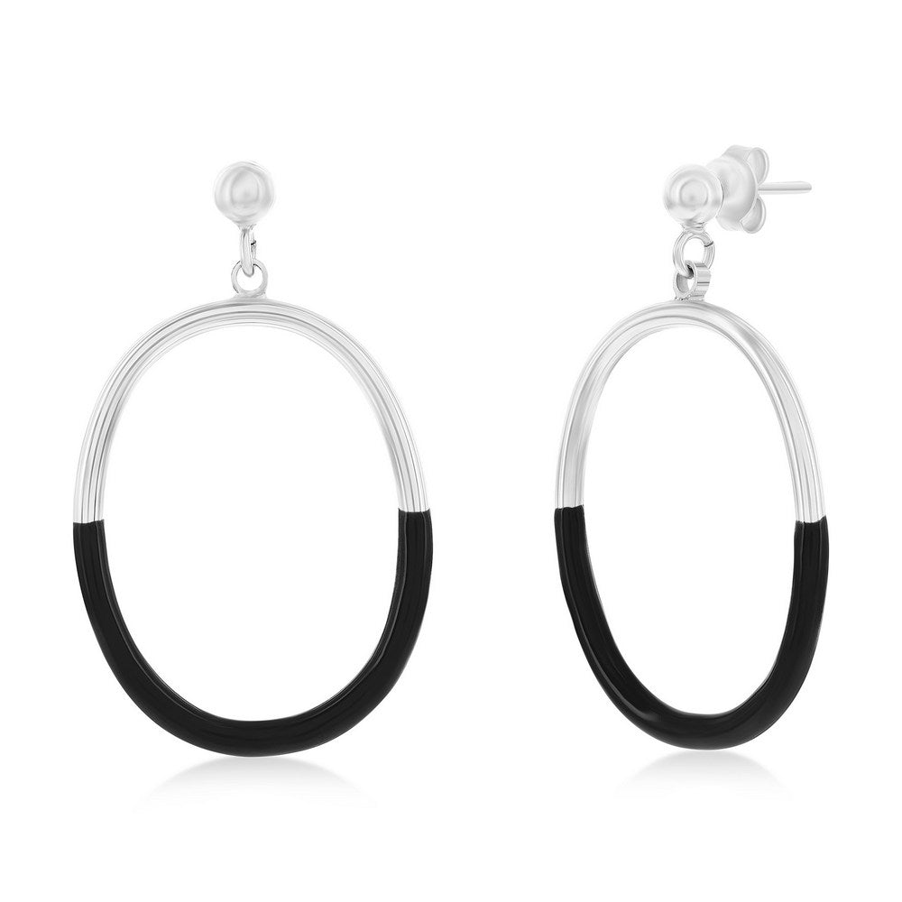 Sterling Silver, Black Enamel Oval Earrings