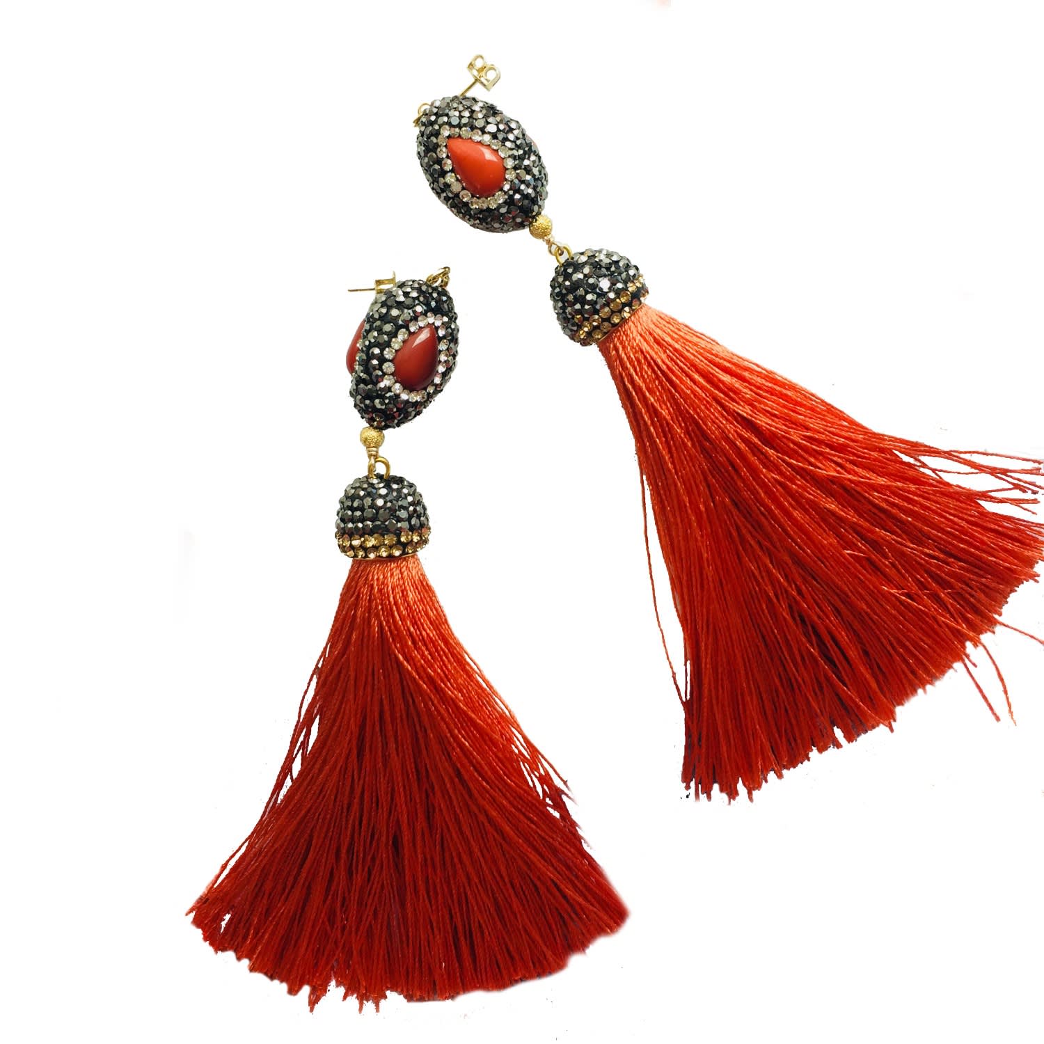 Red Coral Rhinestone Tassel Earrings