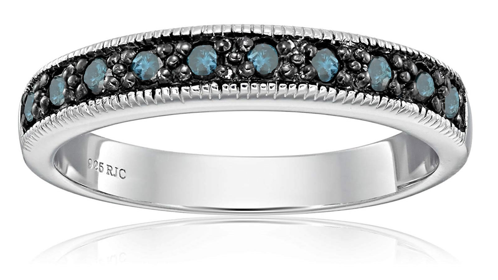 1/4 cttw Blue Diamond Ring Wedding Band with Milgrain .925 Sterling Silver