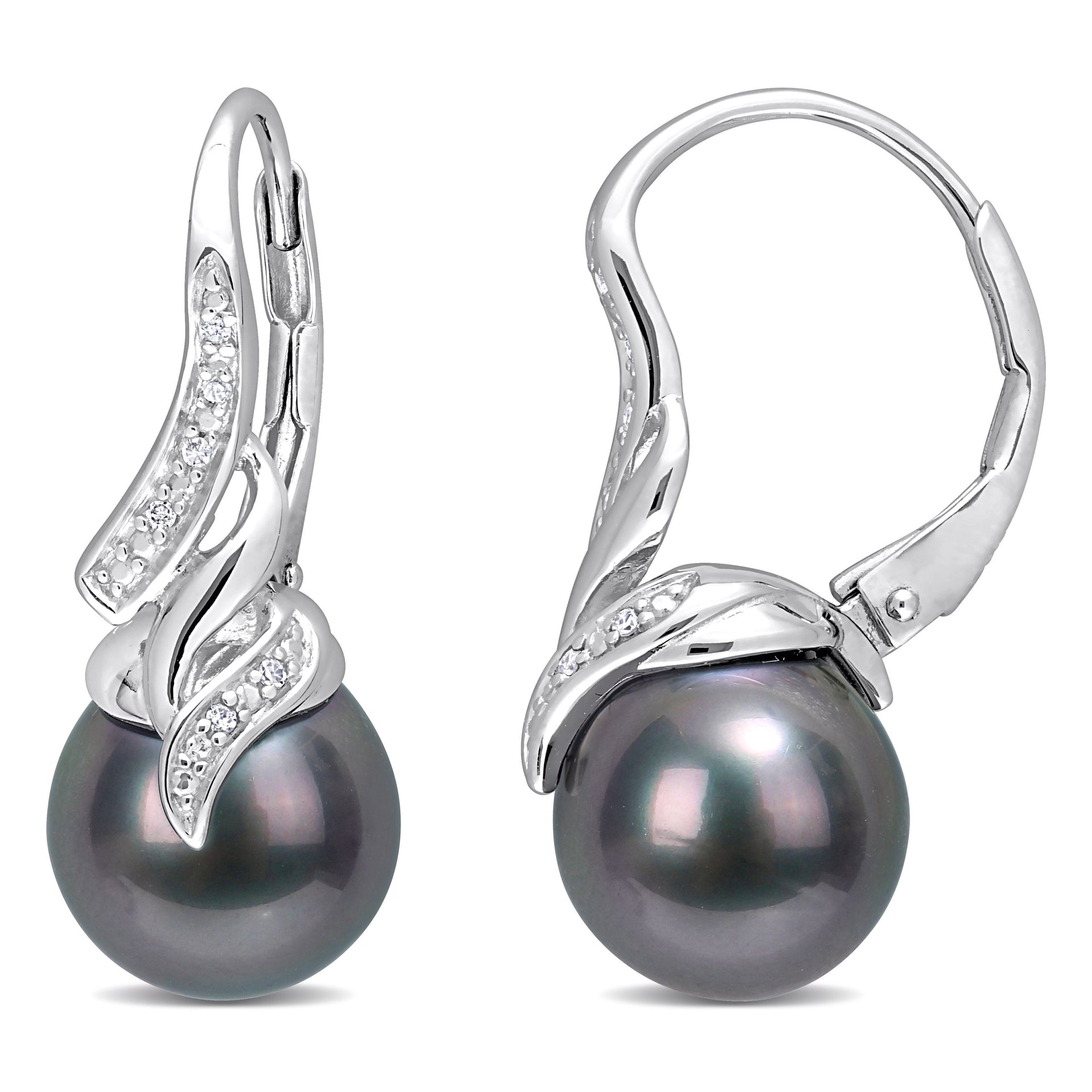 9-9.5mm Black Tahitian Pearl and Diamond Twist Leverback Drop Earrings in Sterling Silver