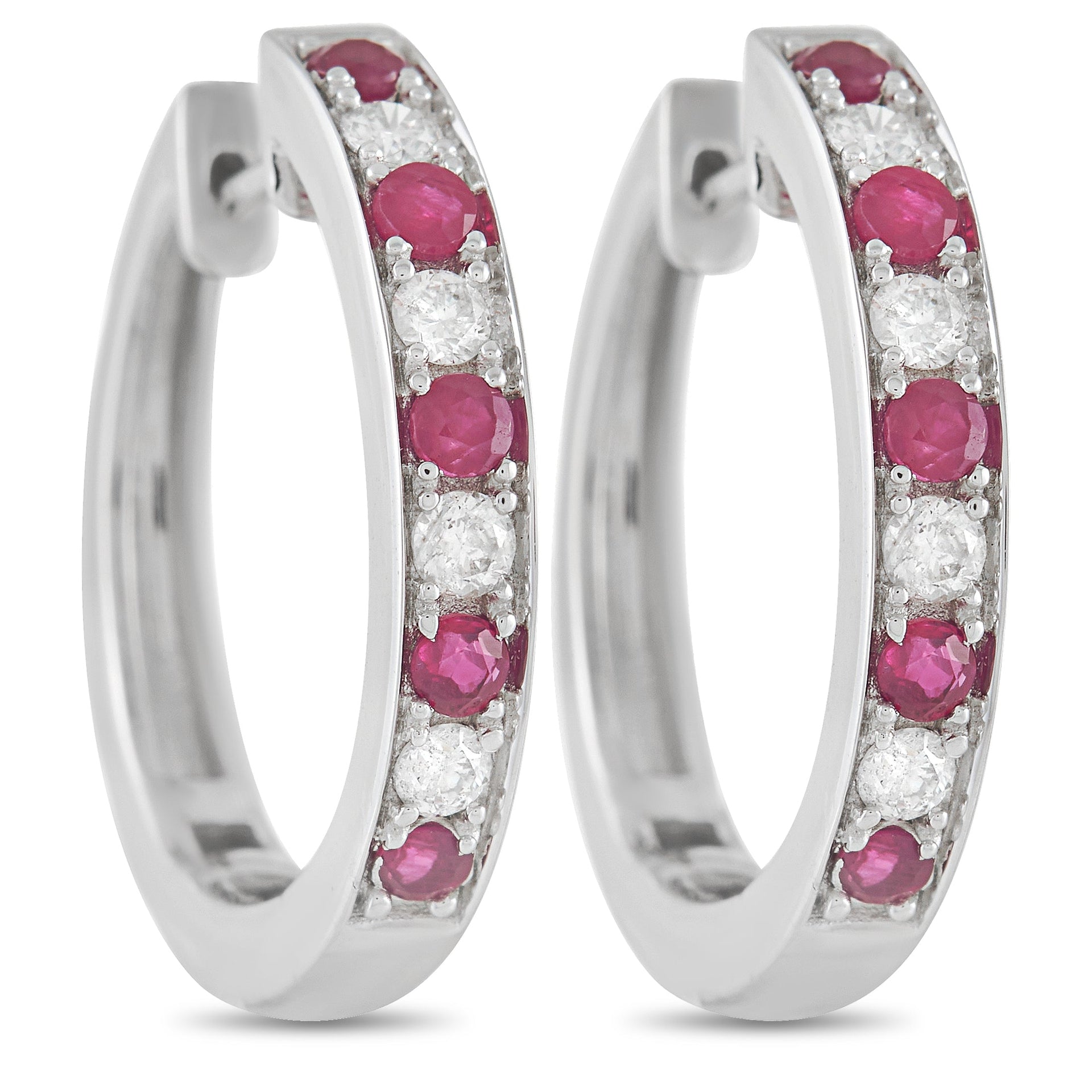 14K White Gold 0.25 ct Diamond and 0.42 ct Ruby Hoop Earrings