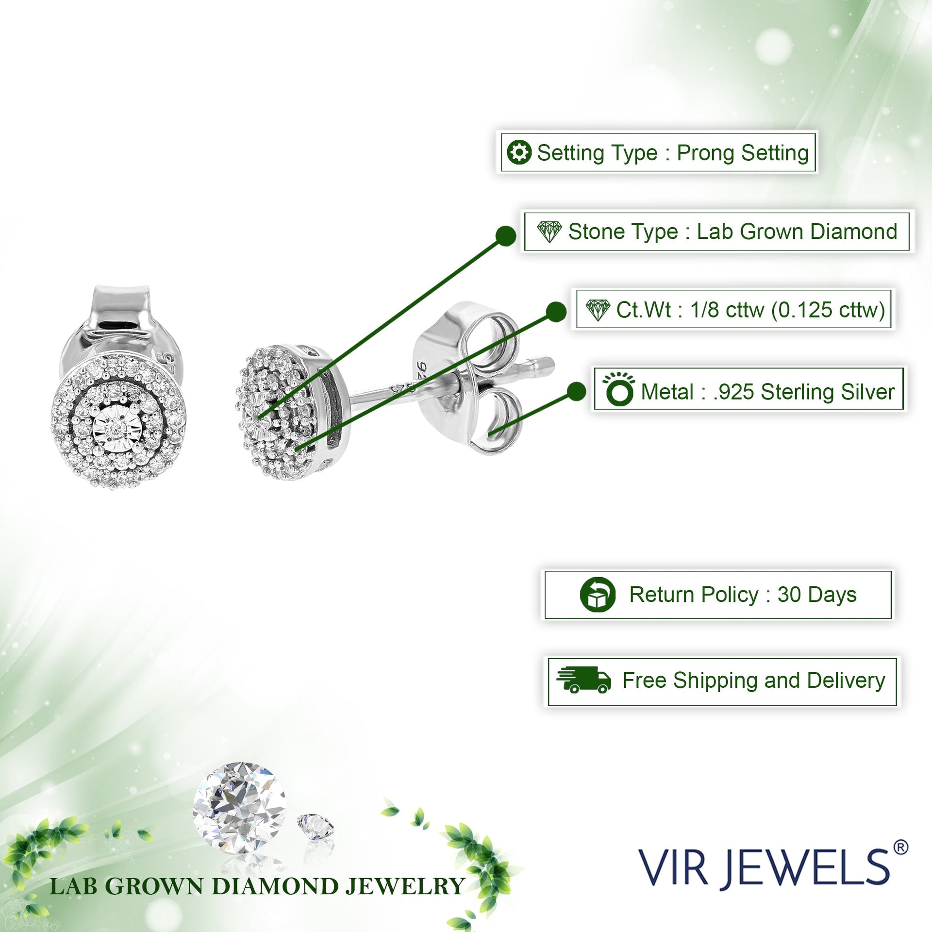 1/8 cttw Diamond Stud Earrings for Women, Round Lab Grown Diamond Earrings in .925 Sterlinng Silver, Prong Setting, 1/4 Inch