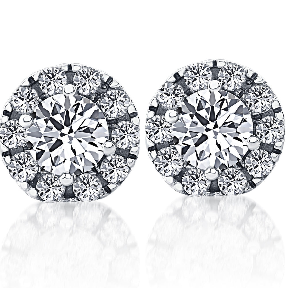 1 1/2 CT Pave Halo Diamond Studs 14K White Gold