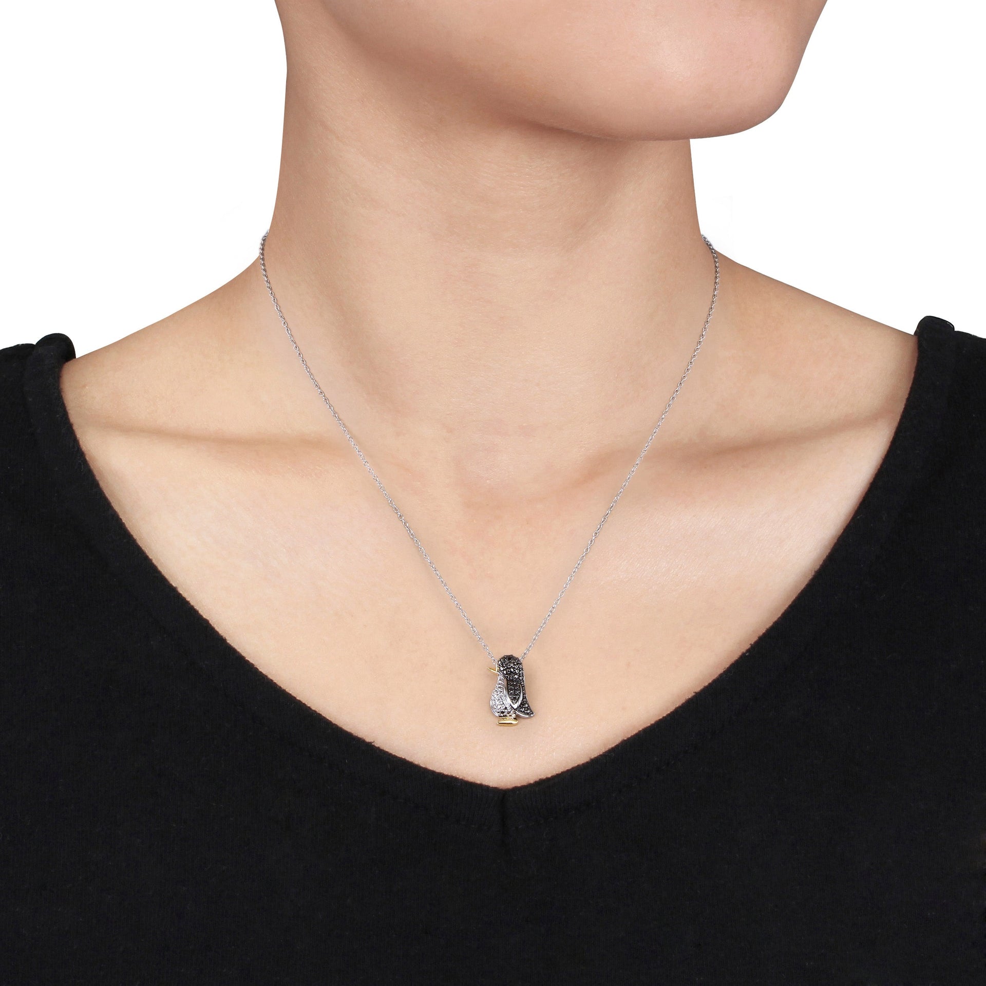 Black Diamond Penguin Necklace in Two-Tone White and Yellow Sterling Silver