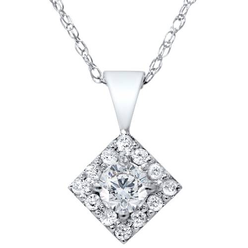 1/4ct Diamond Halo Princess Cut Shape Pendant Necklace 14K White Gold