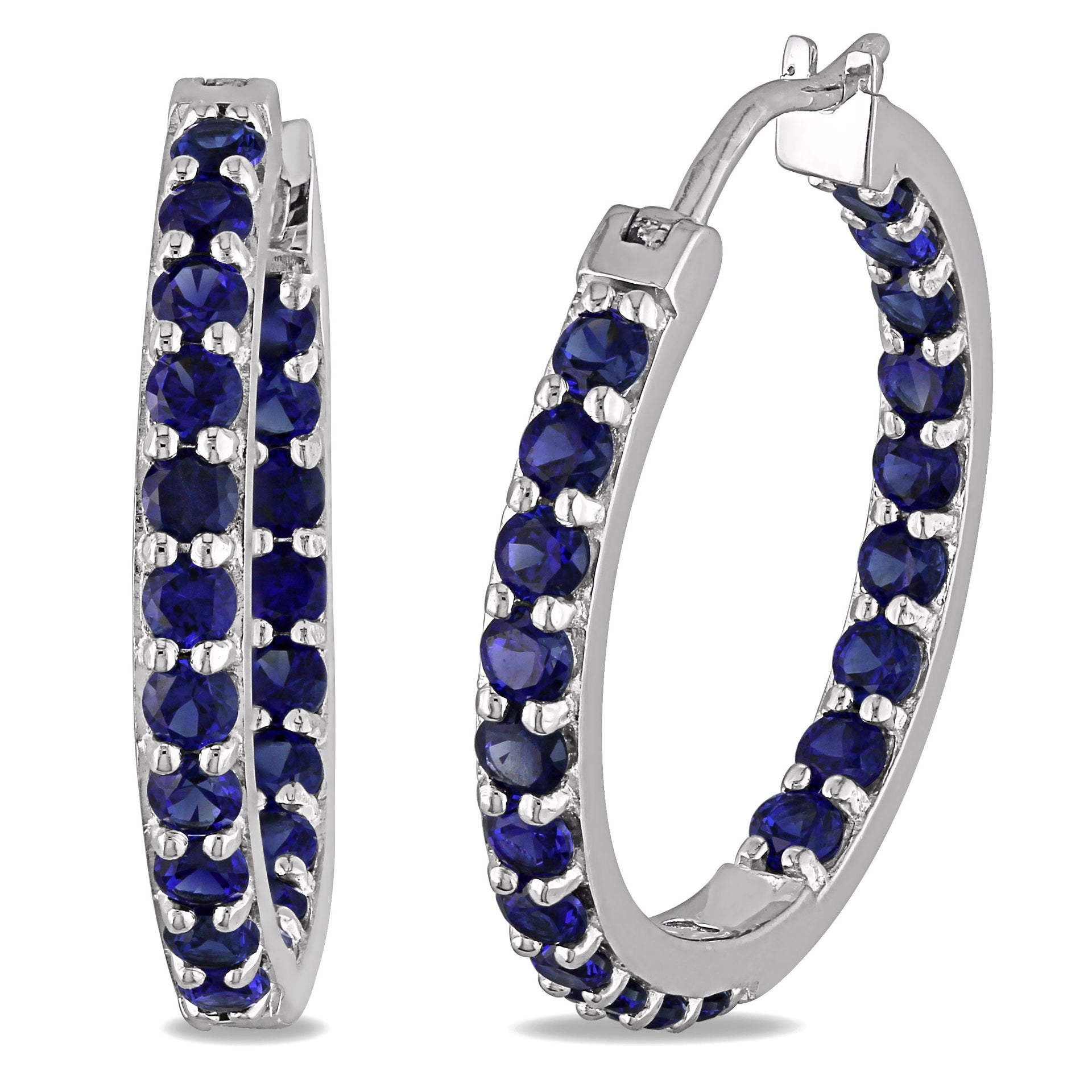 3.6 CT TGW Created Blue Sapphire Inside Outside Hoop Earrings in Sterling Silver