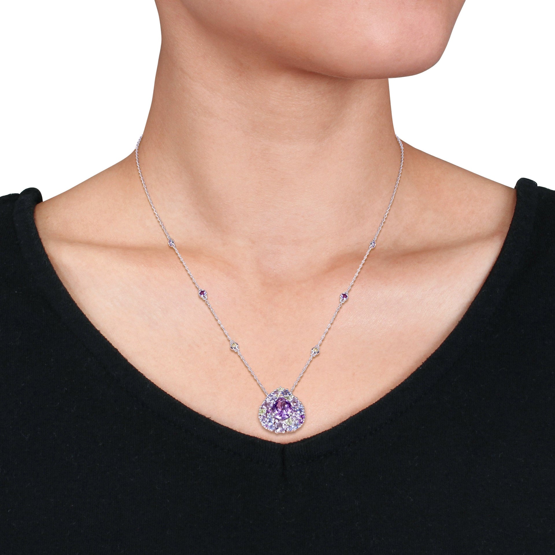 Mimi & Max 4 5/8 CT TGW Tanzanite, Rose de France, Peridot and Amethyst Mosaic Teardrop Necklace in Sterling Silver