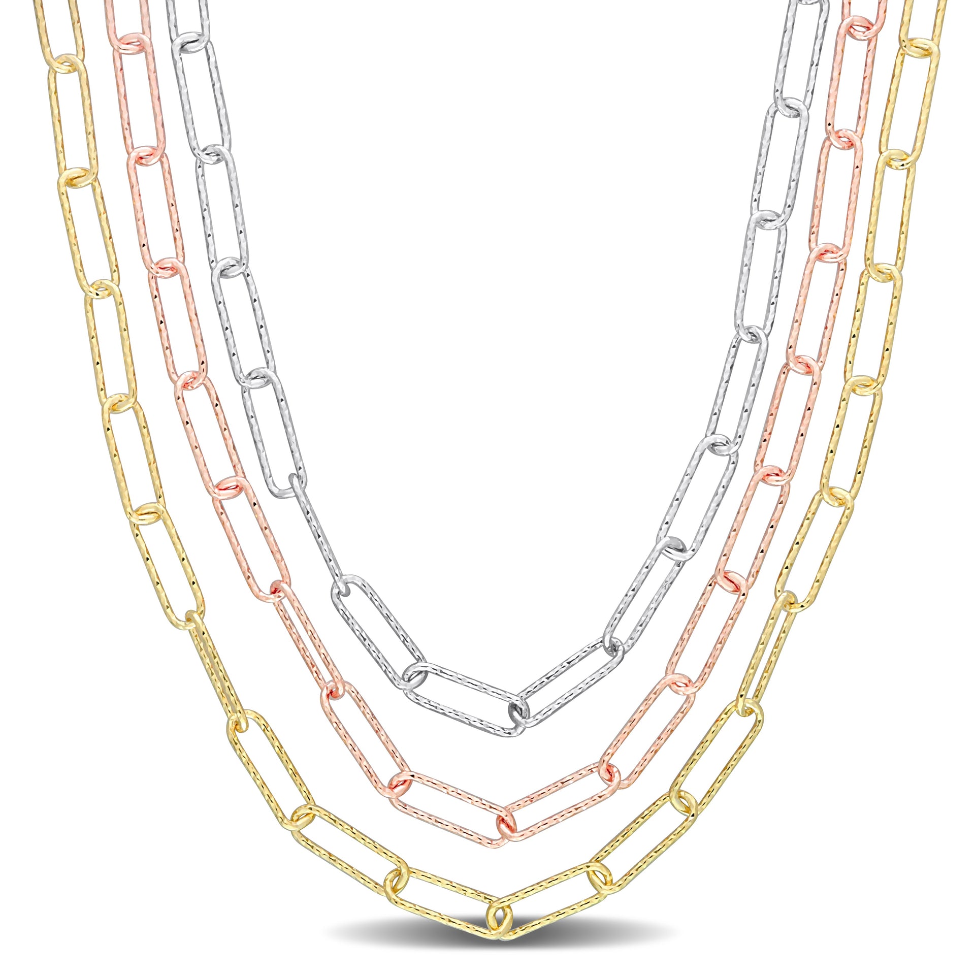 Multi-Strand Paperclip Chain Necklace in 3-Tone 18k Gold Plated Sterling Silver, 18 in