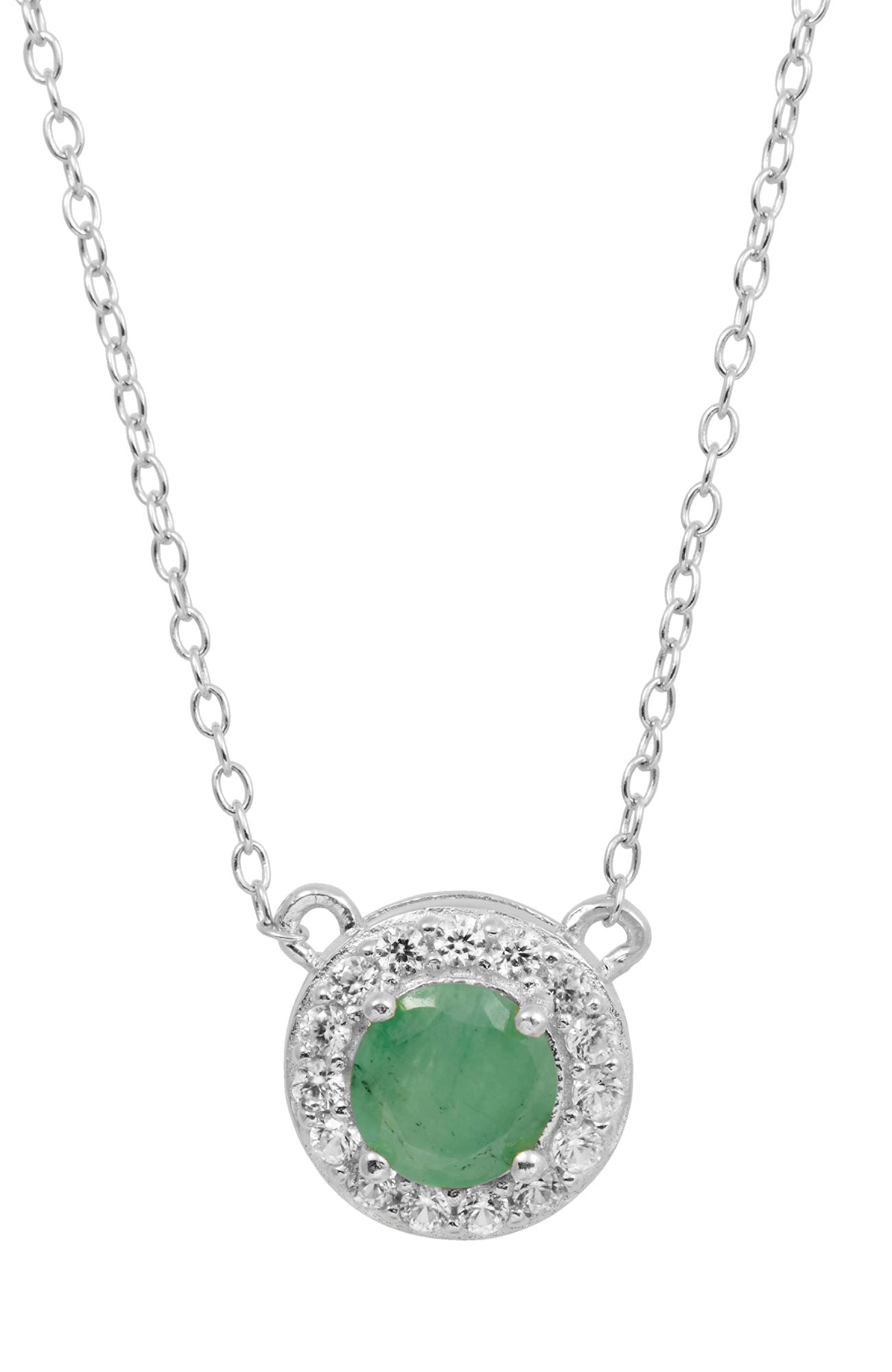 STERLING SILVER NATURAL EMERALD AND WHITE CZ PENDANT NECKLACE