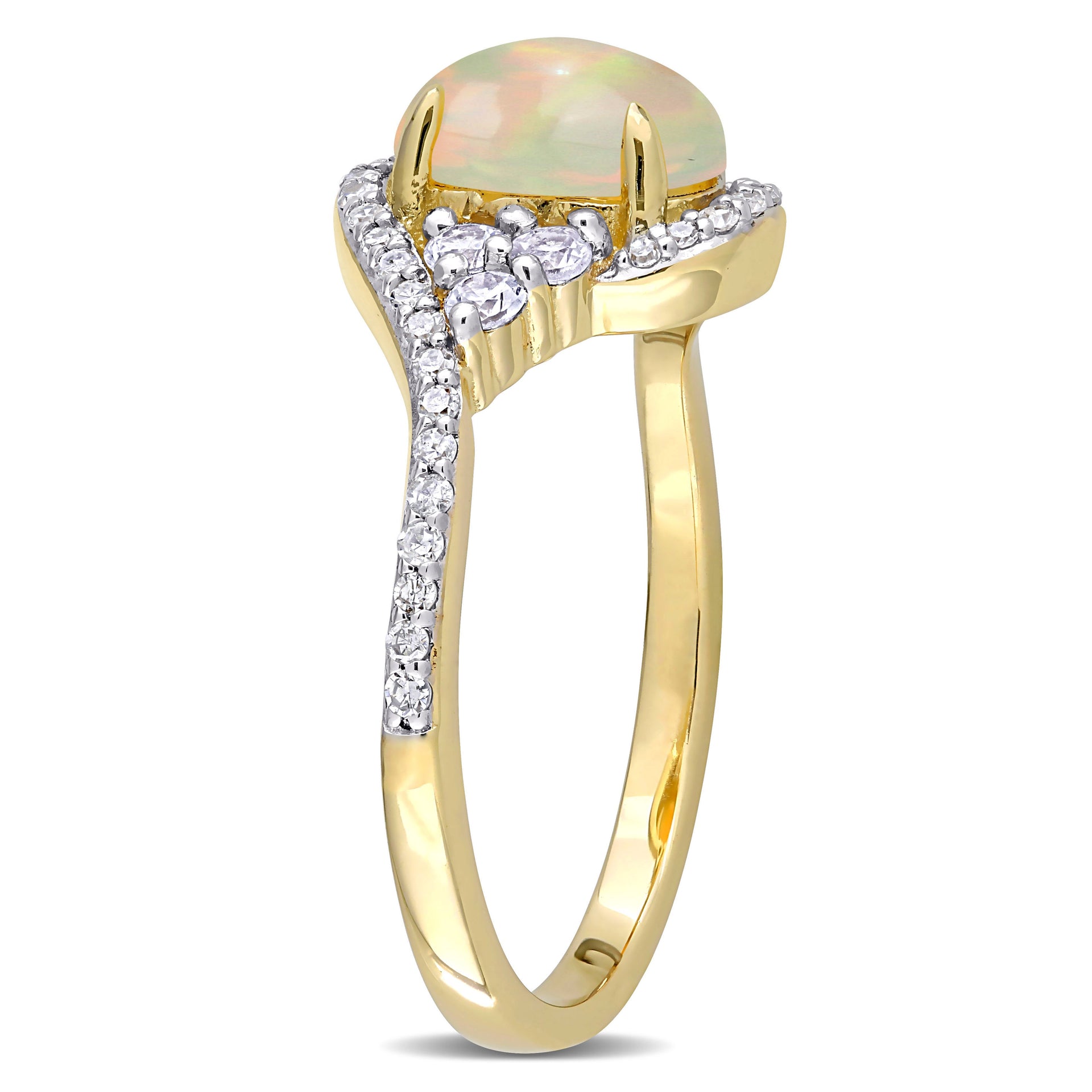 1 CT TGW Ethiopian Yellow Opal, White Sapphire and 1/5 CT TW Diamond Oval Halo Twist Ring in 10K Yellow Gold