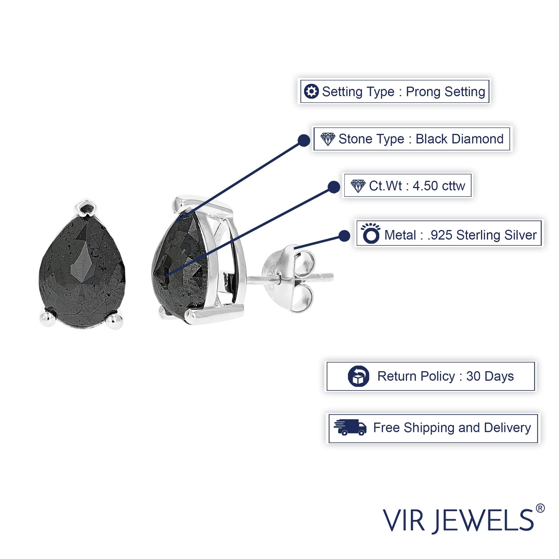 4.50 cttw Pear Shape Black Diamond Stud Earrings .925 Sterling Silver Prong Set