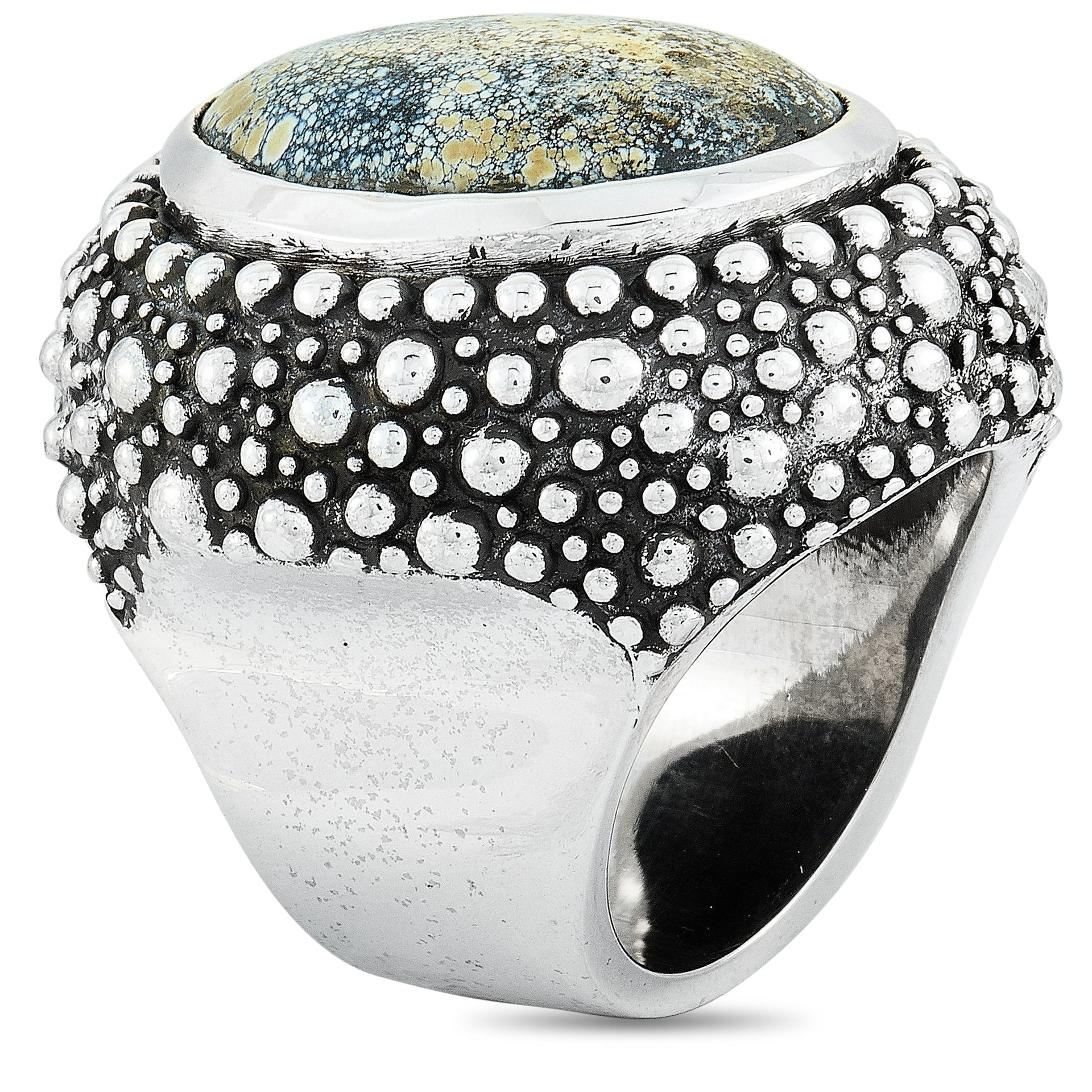 Silver and Spotted Turquoise Beaded Texture Ring