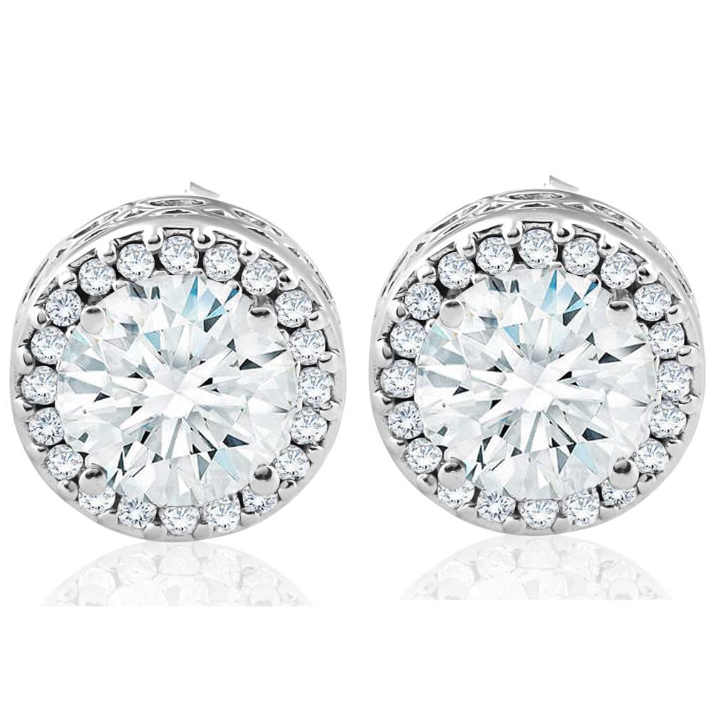 2 1/4 ct Round Diamond Halo Screw Back Vintage 14k White Gold Studs Enhanced
