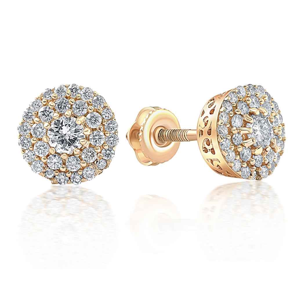 Double Halo Diamond Screw Back Studs 1/2 Carat TW 14k Yellow Gold