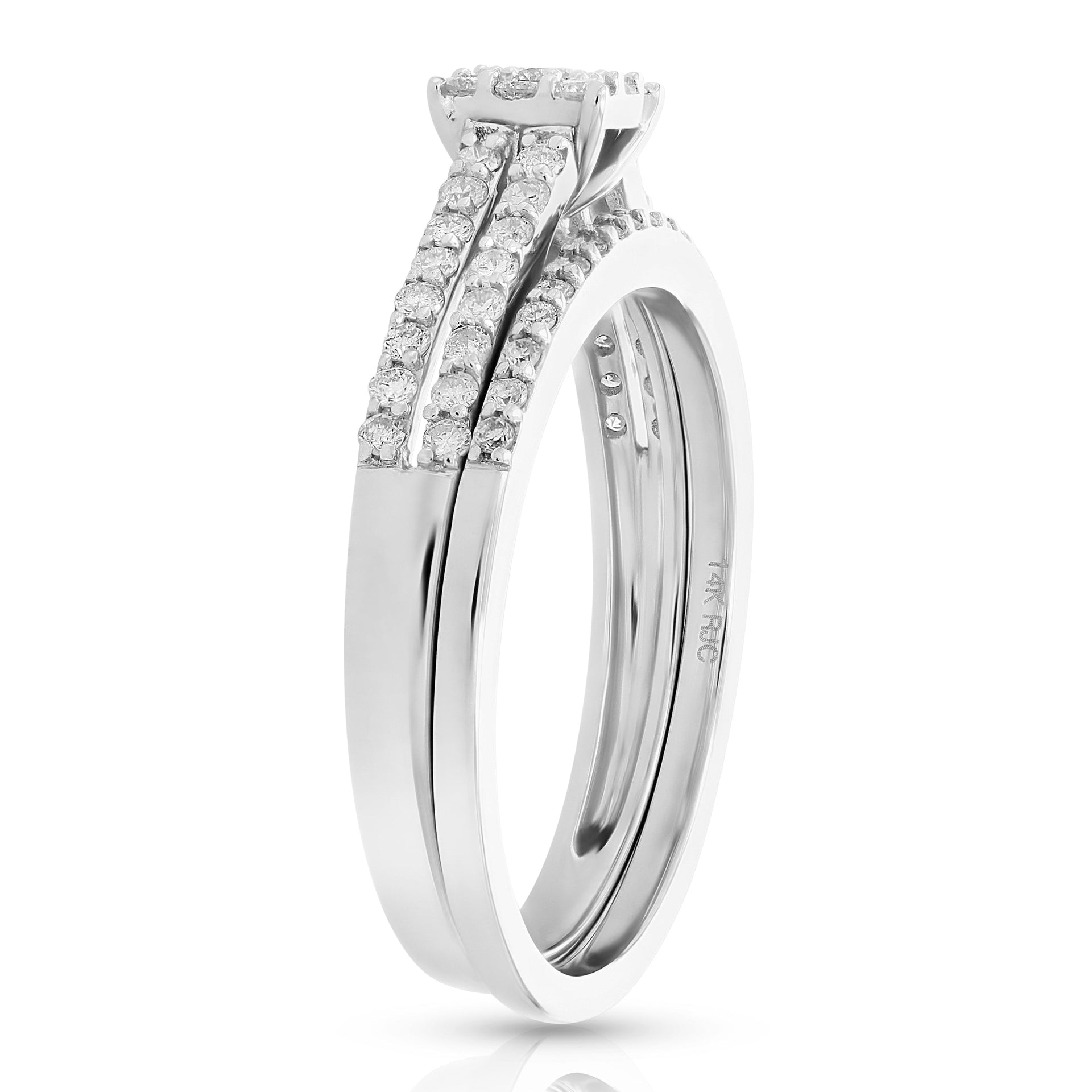 1/2 Cttw Diamond Cluster Wedding Engagement Ring Set 14K White Gold Bridal