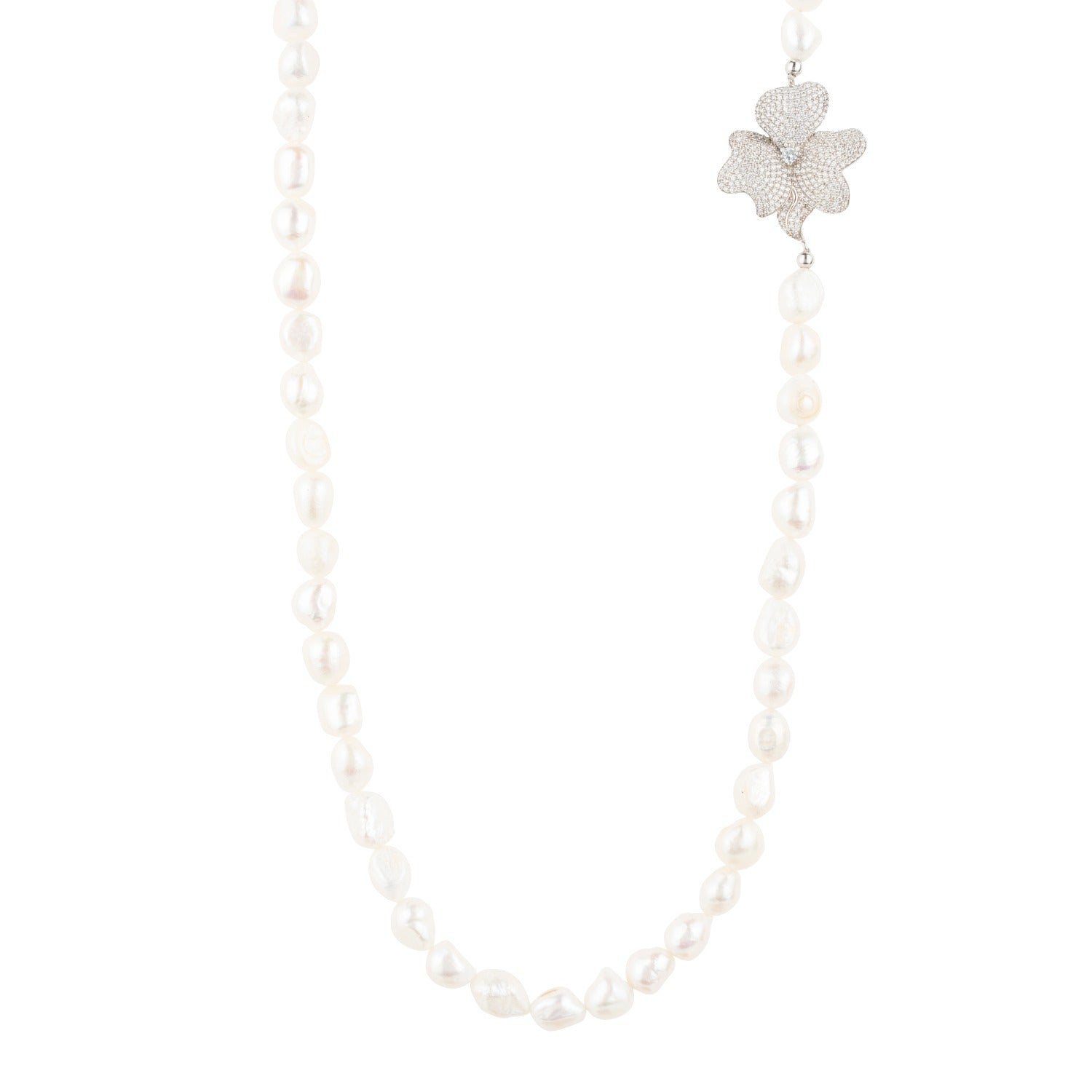 Flower Pearl Gemstone Long Necklace White Cz Silver