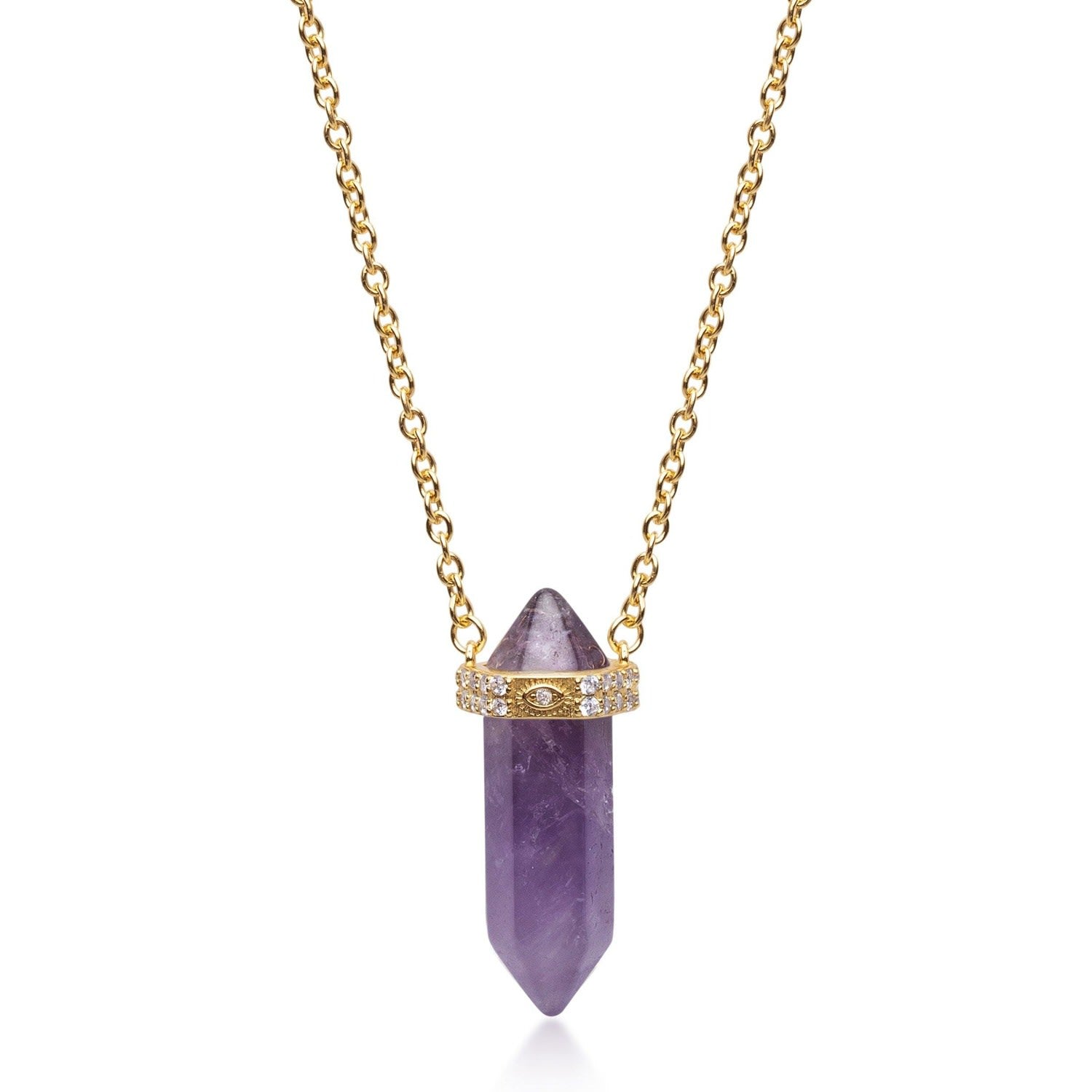 Sterling Silver Amethyst Crystal Necklace With Engraved Evil Eye Detail
