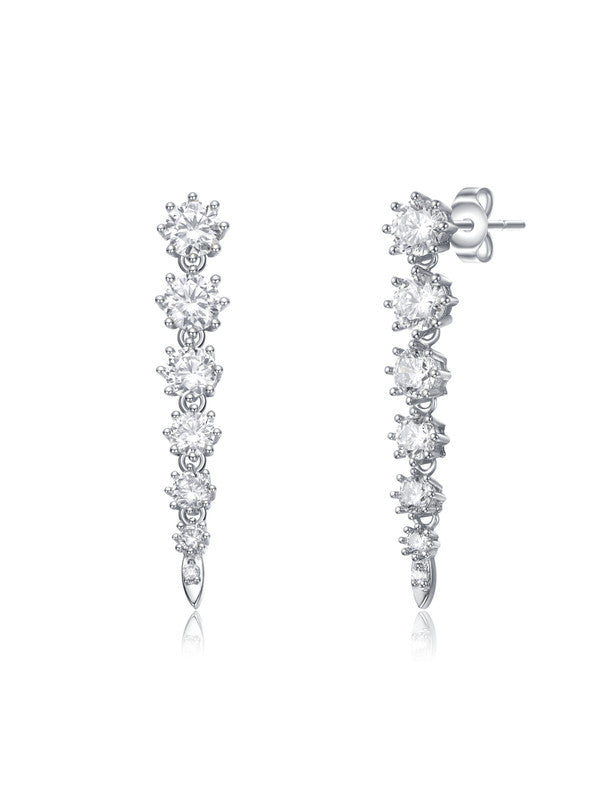 Sterling Silver With Clear Cubic Zirconia Linear Fringe Icicle Earrings