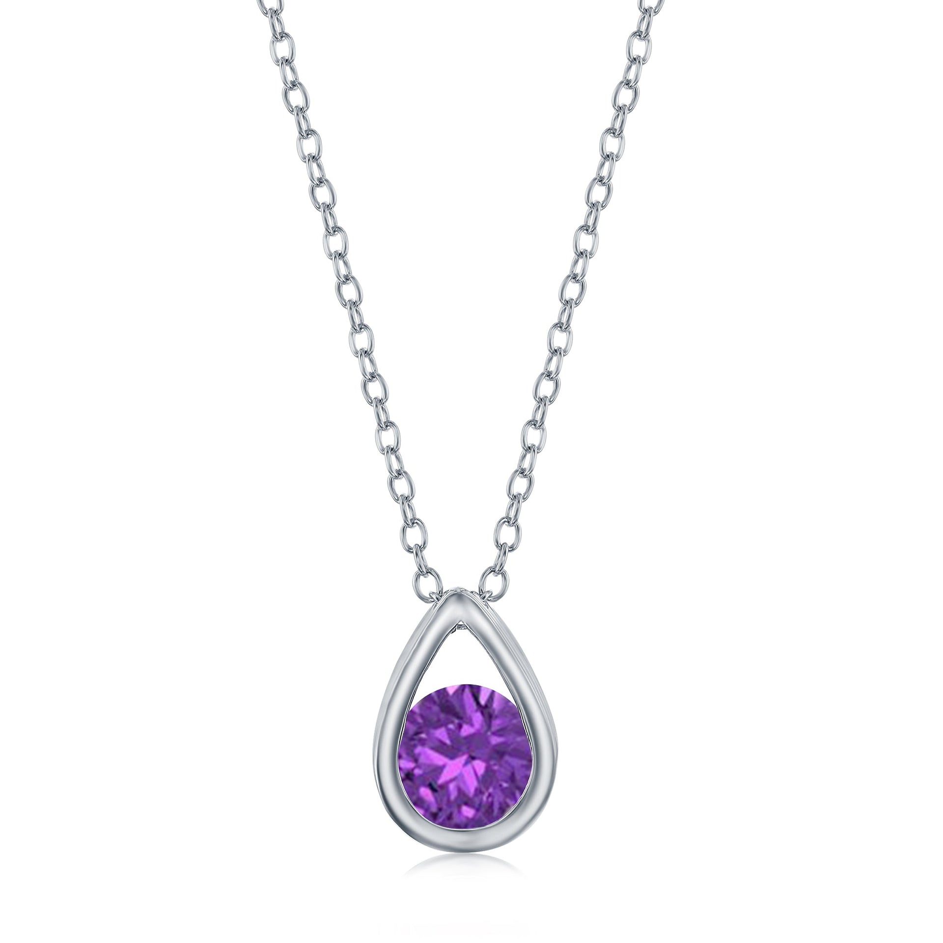 Sterling Silver Pearshaped Necklace w/Round 'February Birthstone' Gem - Amethyst