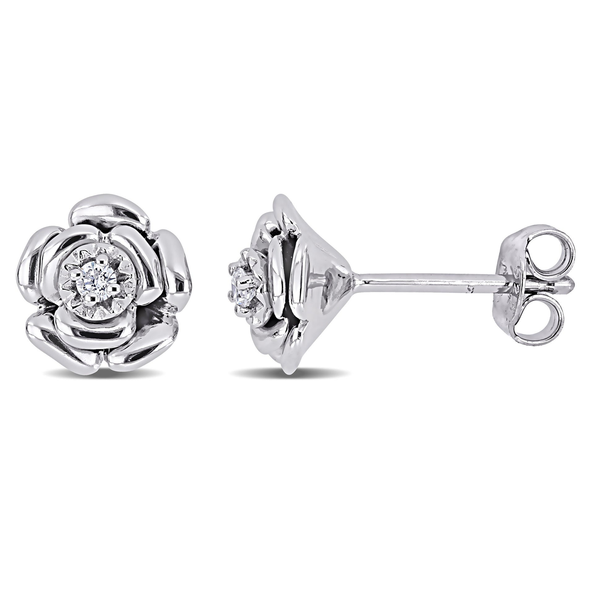 Mimi & Max Diamond Floral Stud Earrings in Sterling Silver