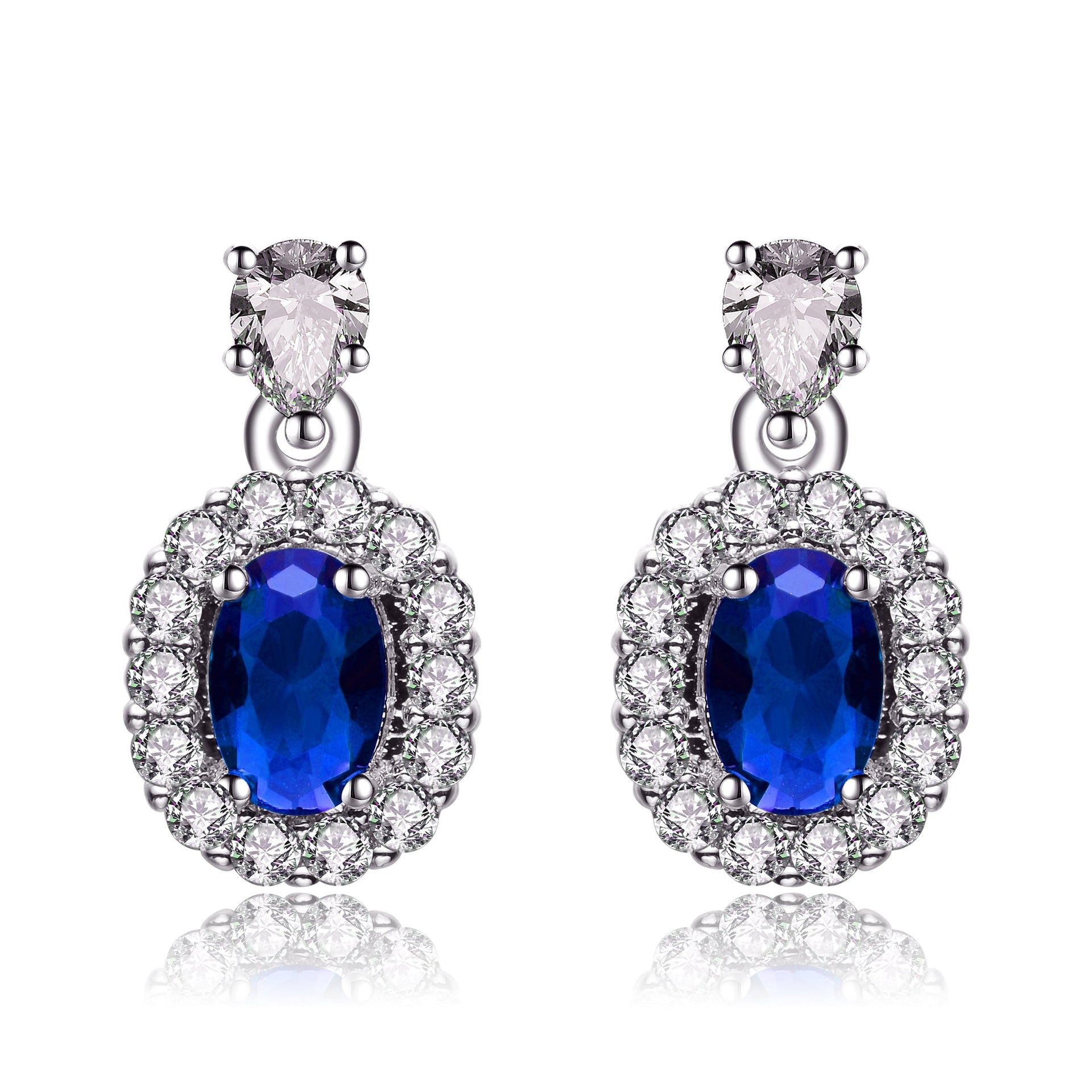 Sterling Silver Sapphire Cubic Zirconia Halo Drop Earrings